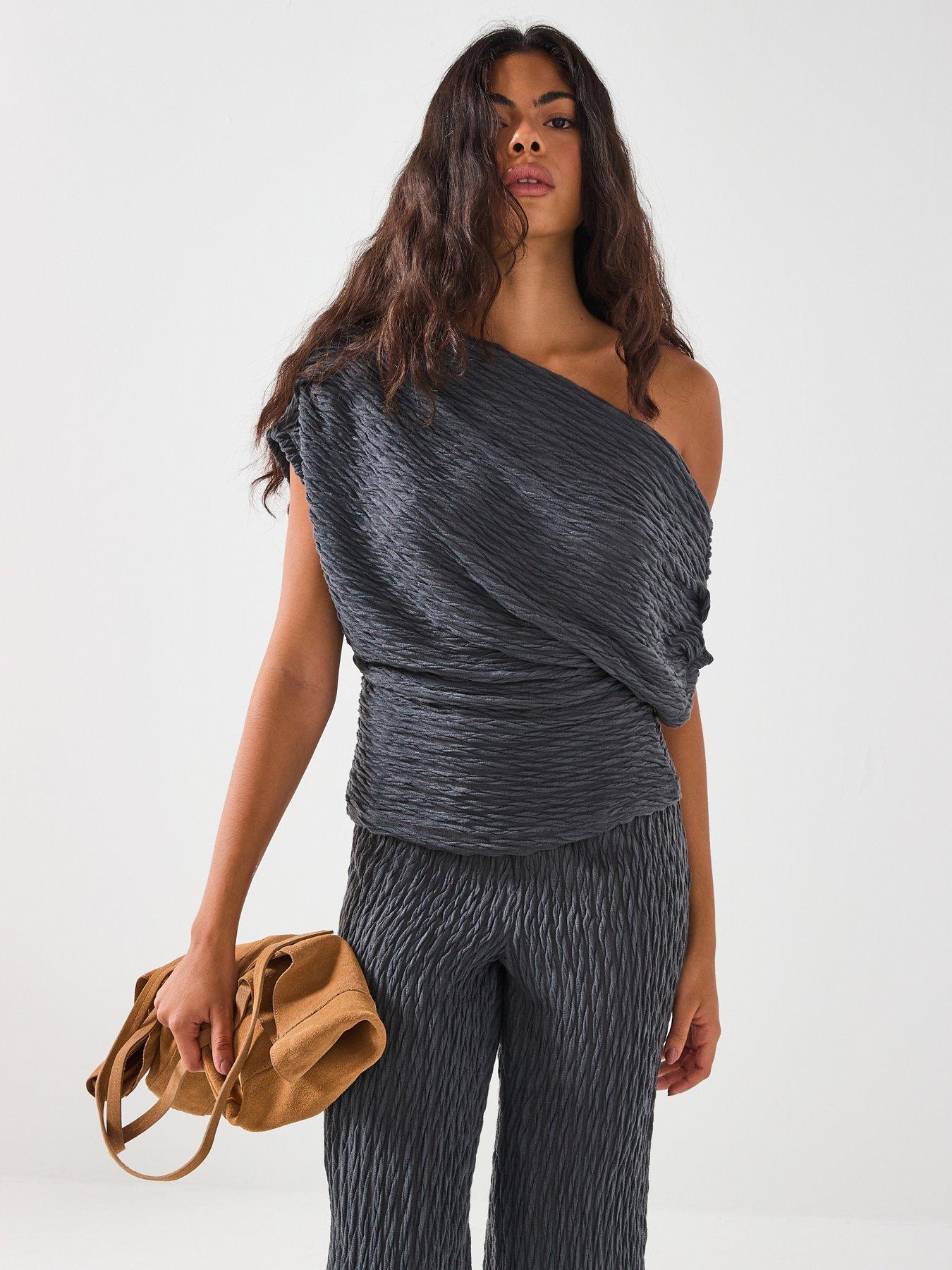 Image 1 of 6 of Vero Moda Fie One Shoulder Slouch Jersey Top Co-Ord - Grey