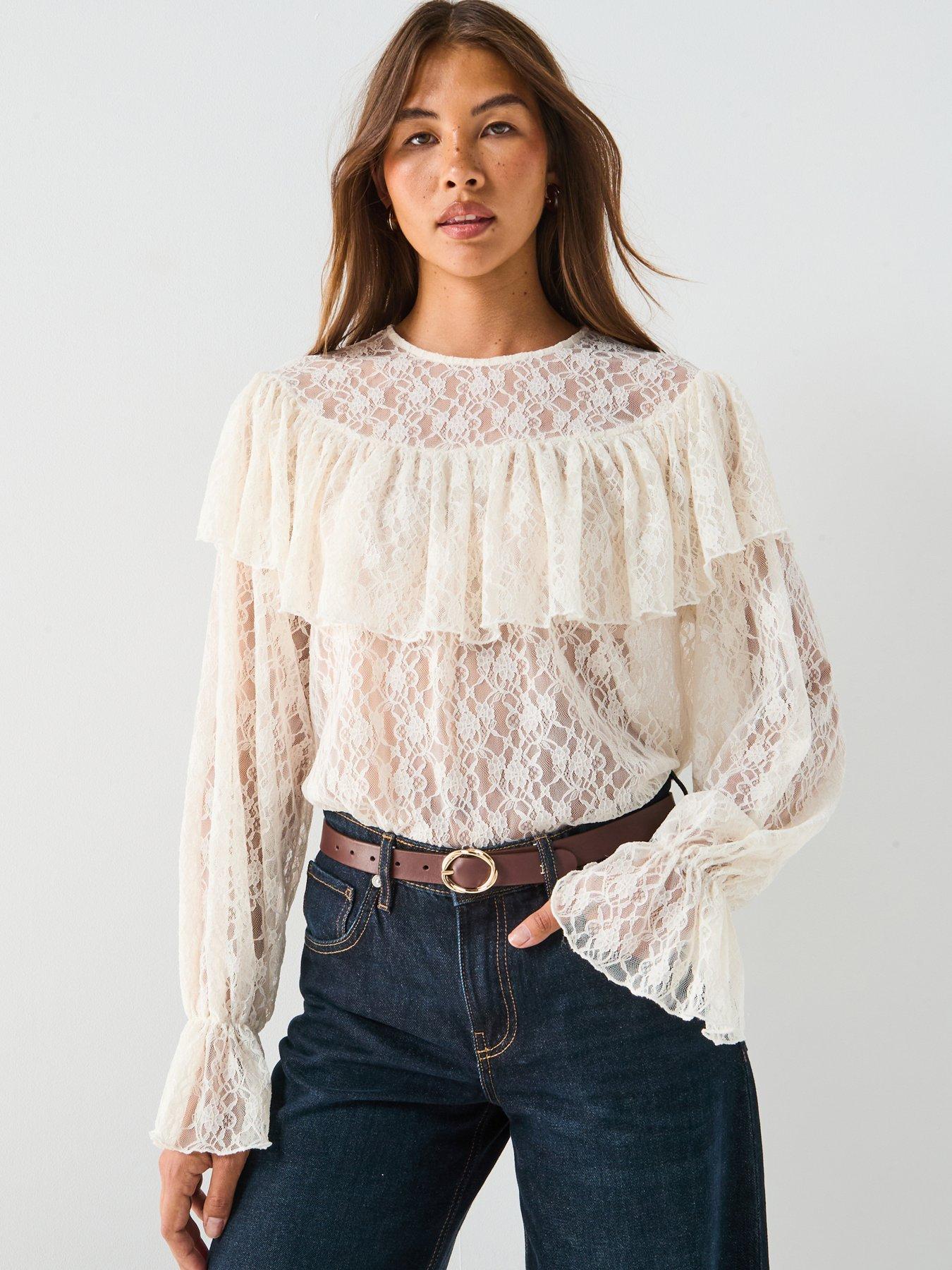 Vero Moda Loulou Long Sleeve Flounce Lace Top, Cream, Size Xs, Women
