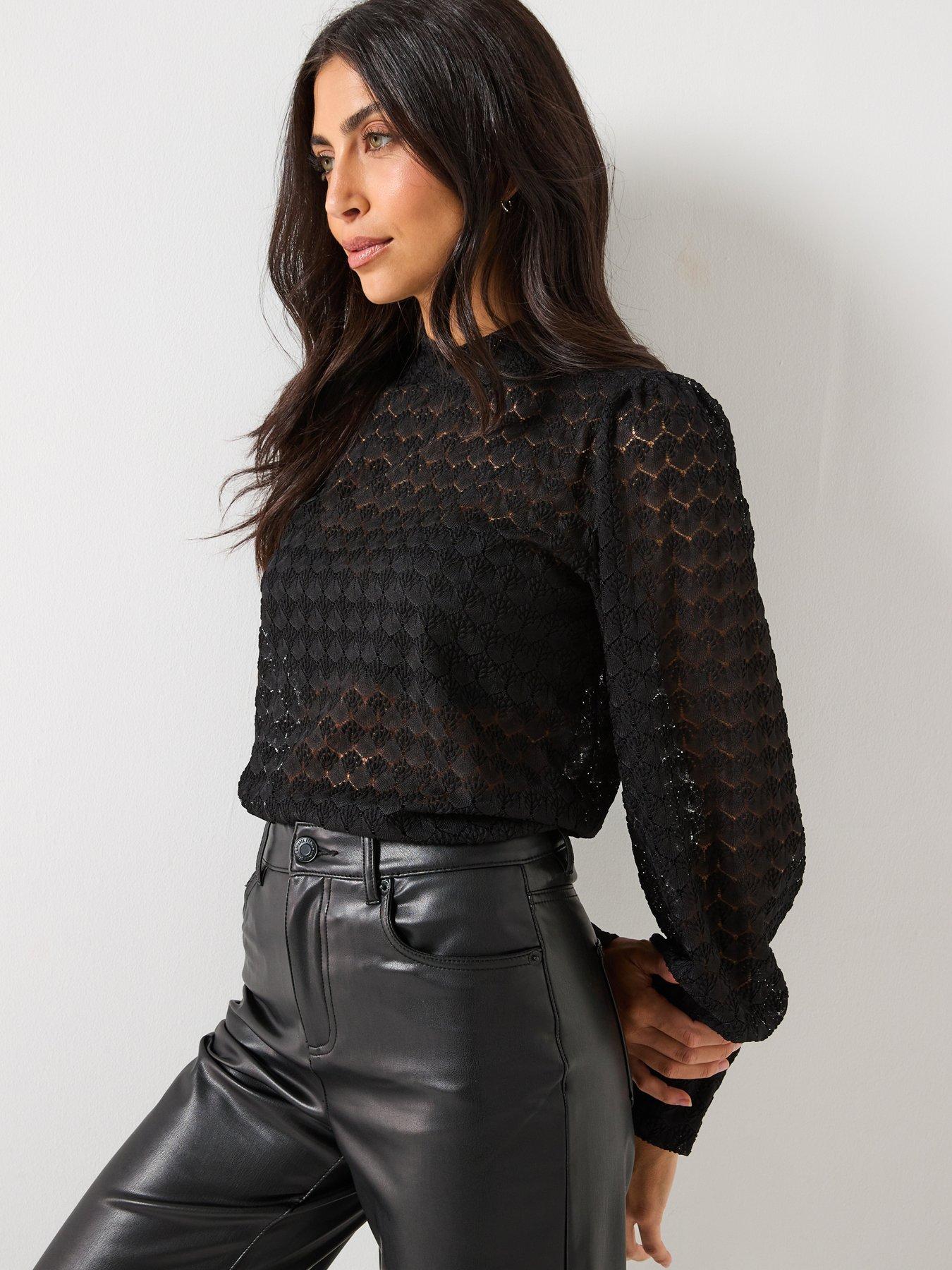 Vero Moda: Becca Long Sleeve High Neck Lace Jersey Top - Black