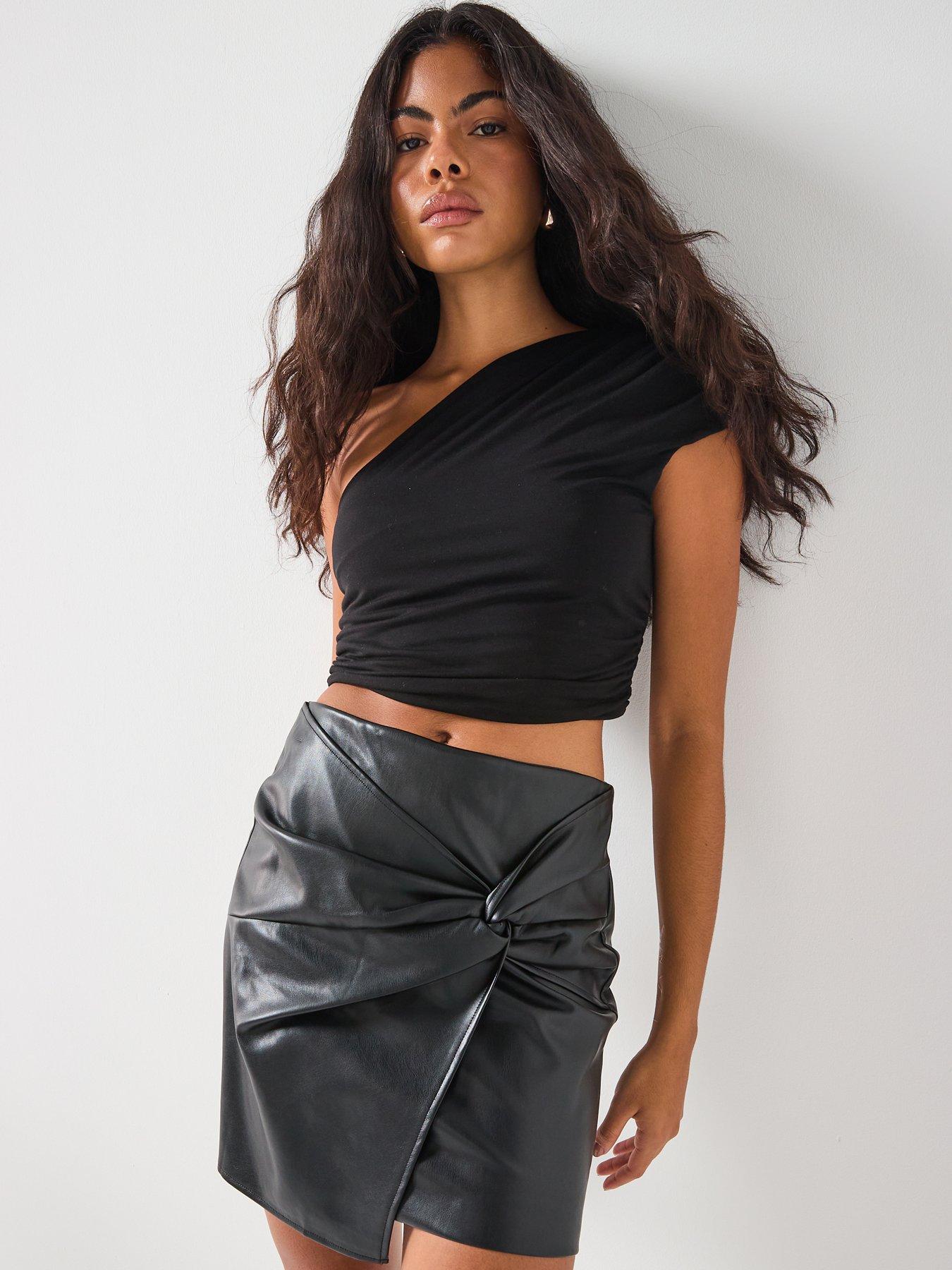 Image 5 of 6 of Vero Moda Gawn Mid Waist Pu Short Wrap Skirt - Black