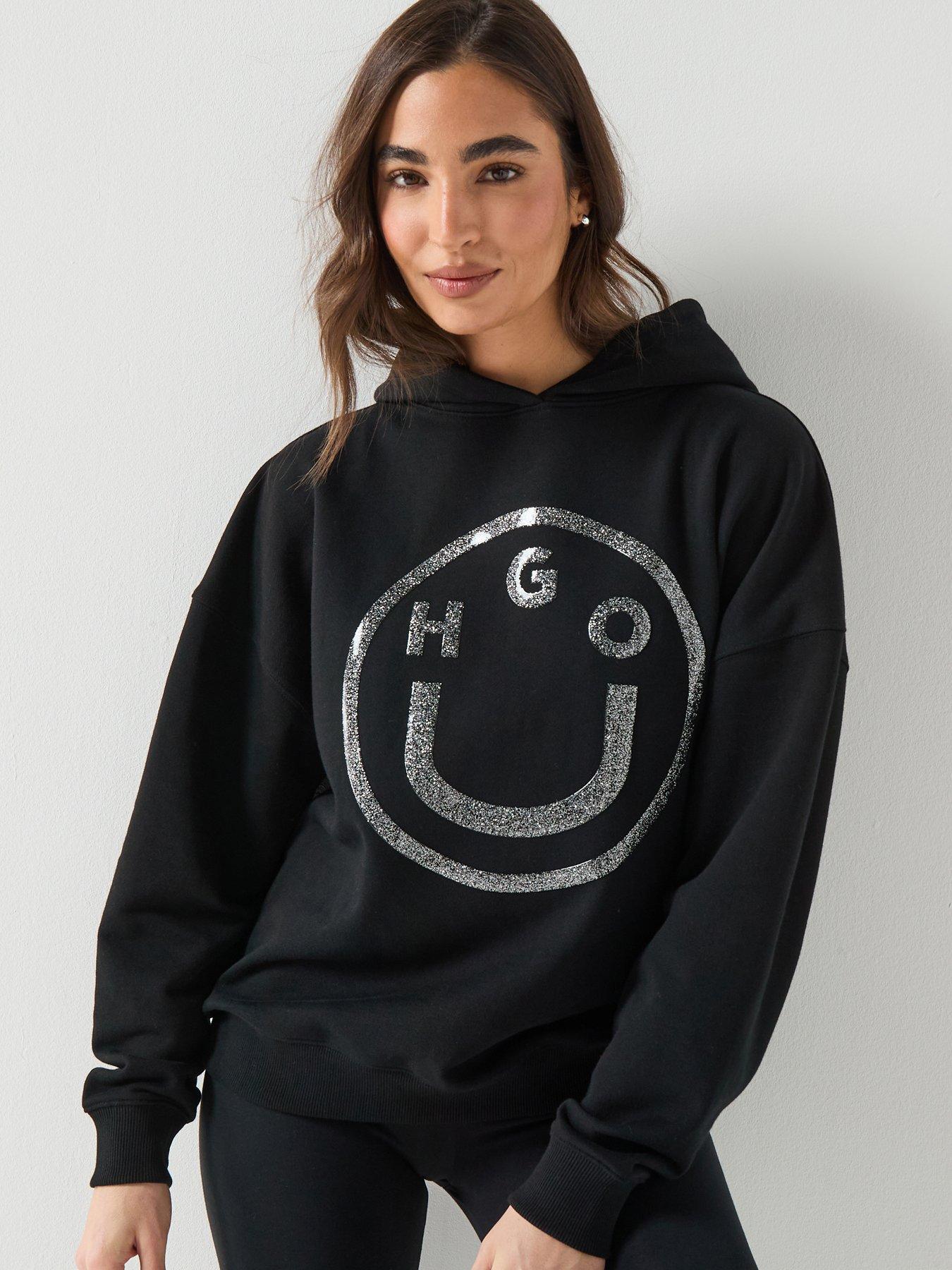 HUGO Cotton-Terry Hoodie with Glittery Happy HUGO Logo - Black