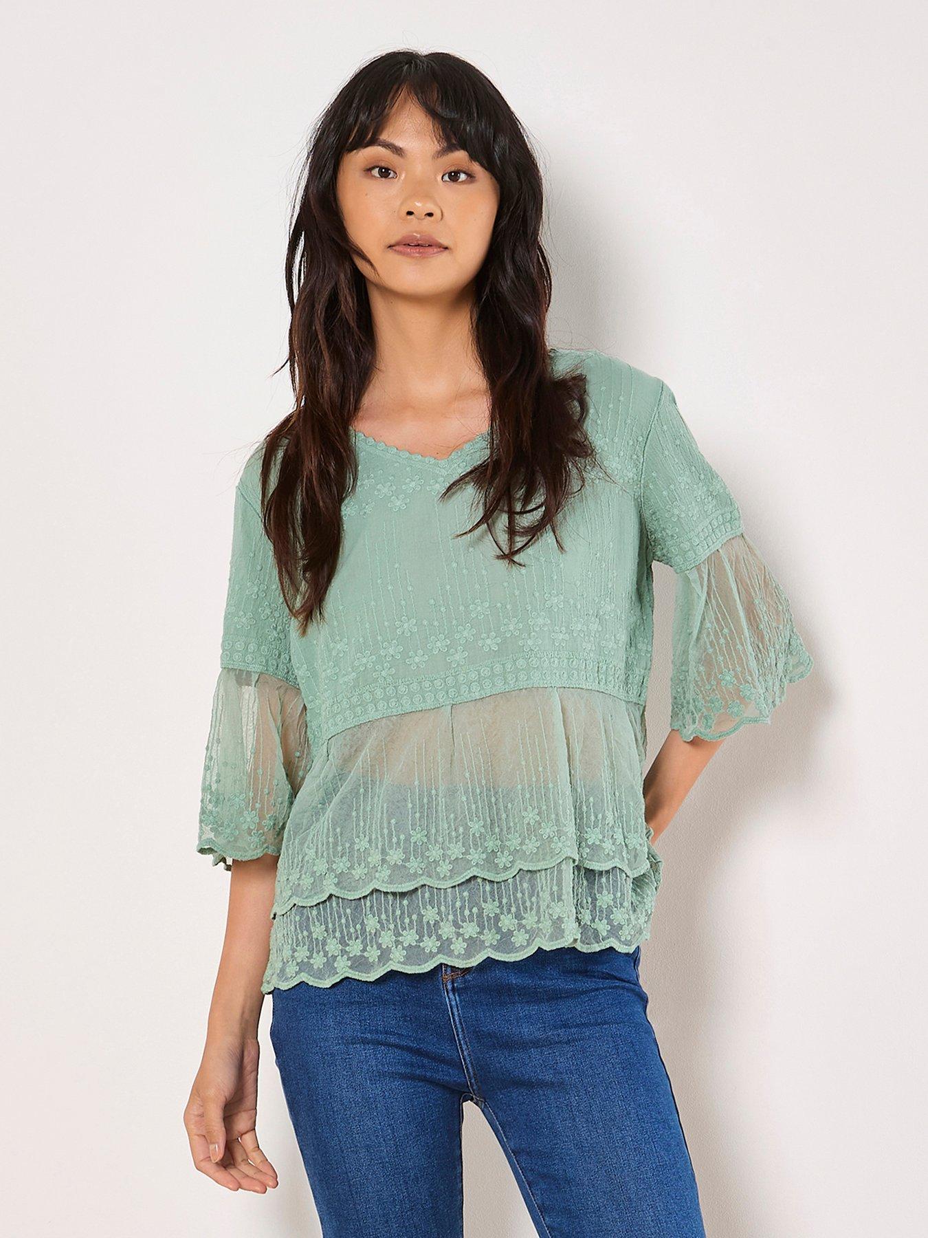 undefined Embroidered Cotton Mesh Blouse - Green