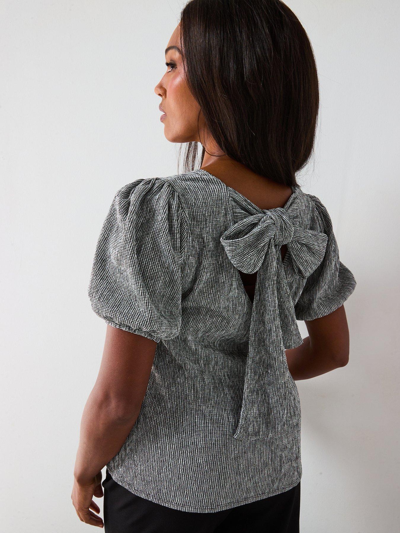 undefined Gingham Crinkle Bow Back Top