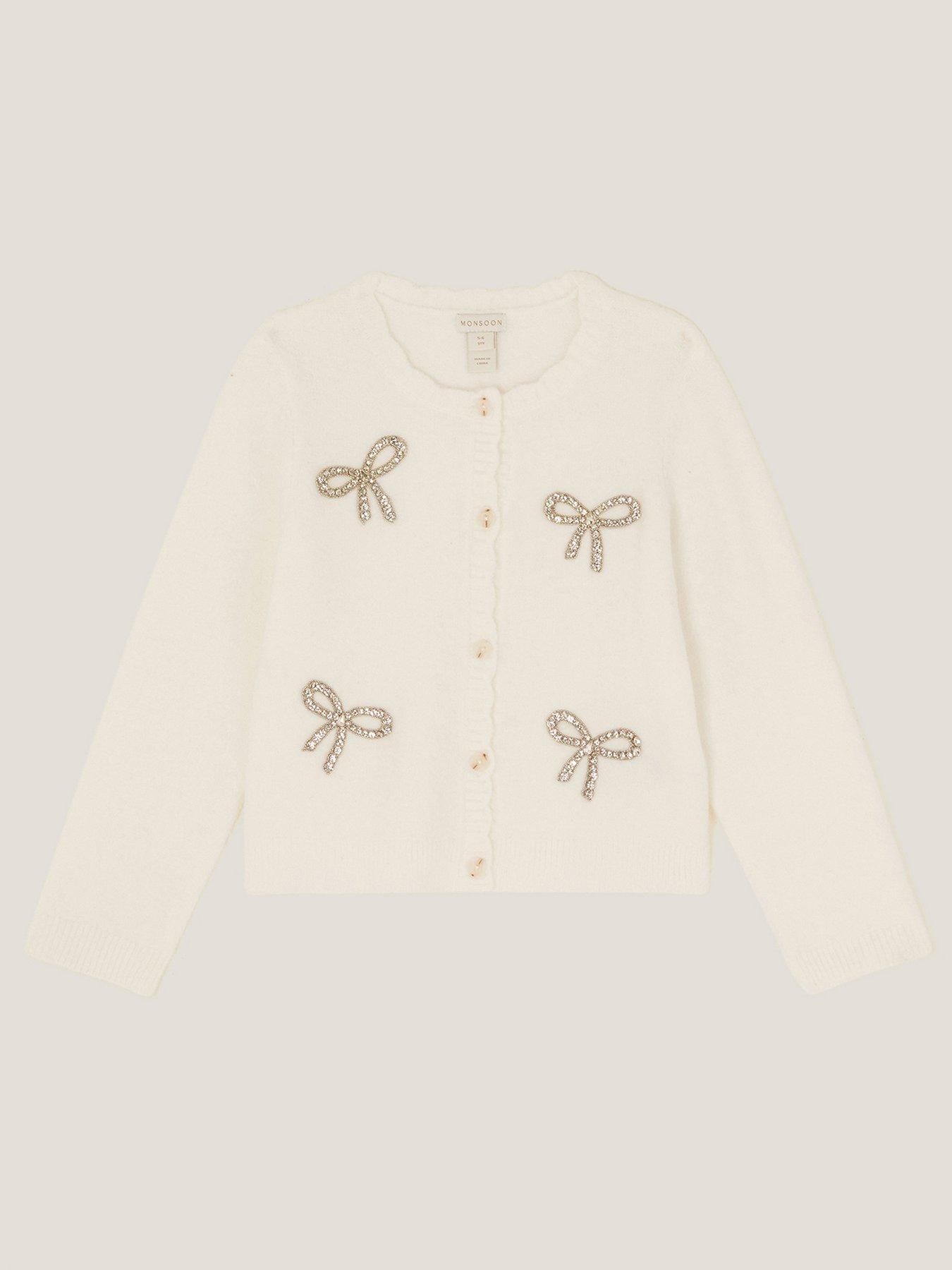 Image 1 of 3 of Monsoon Girls Hotfix Bow Knitted Cardigan - Light Cream