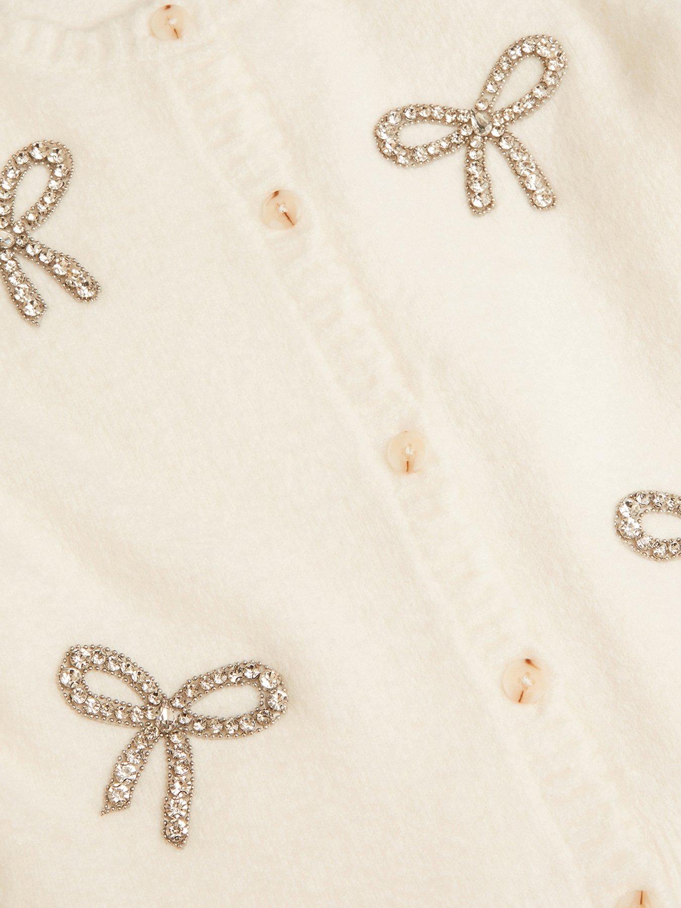 Image 3 of 3 of Monsoon Girls Hotfix Bow Knitted Cardigan - Light Cream