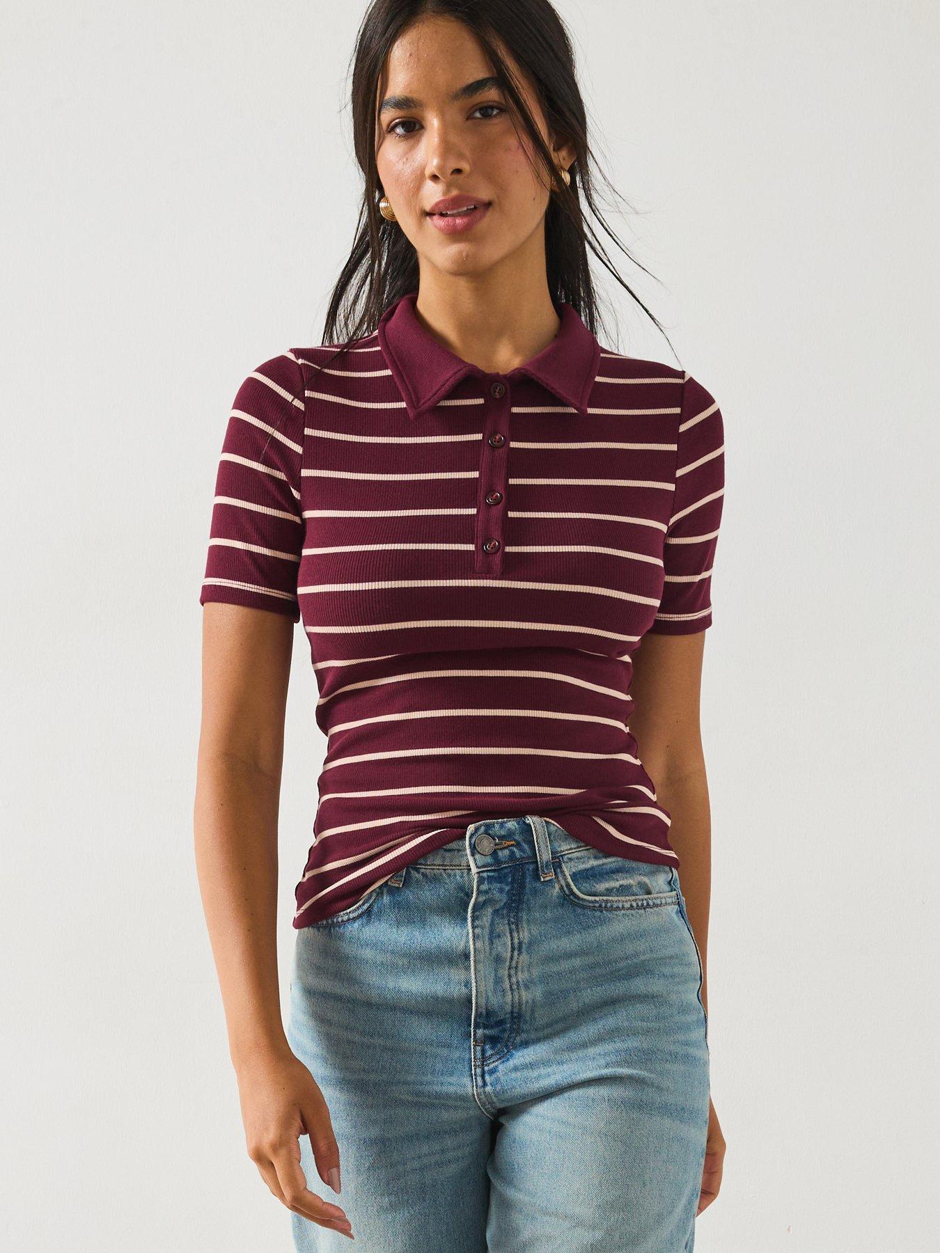 undefined Collar Detail Stripe Rib Top - Burgundy
