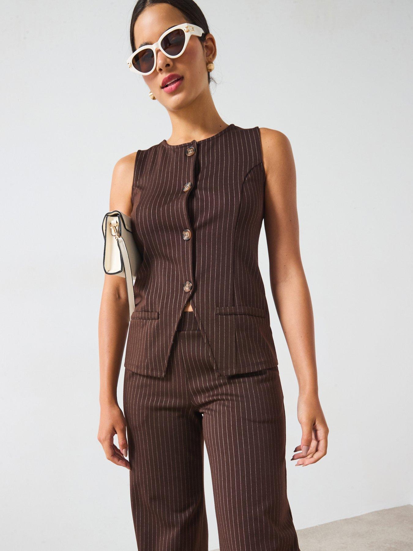 undefined Longline Pinstripe Waistcoat Top Co-Ord - Print