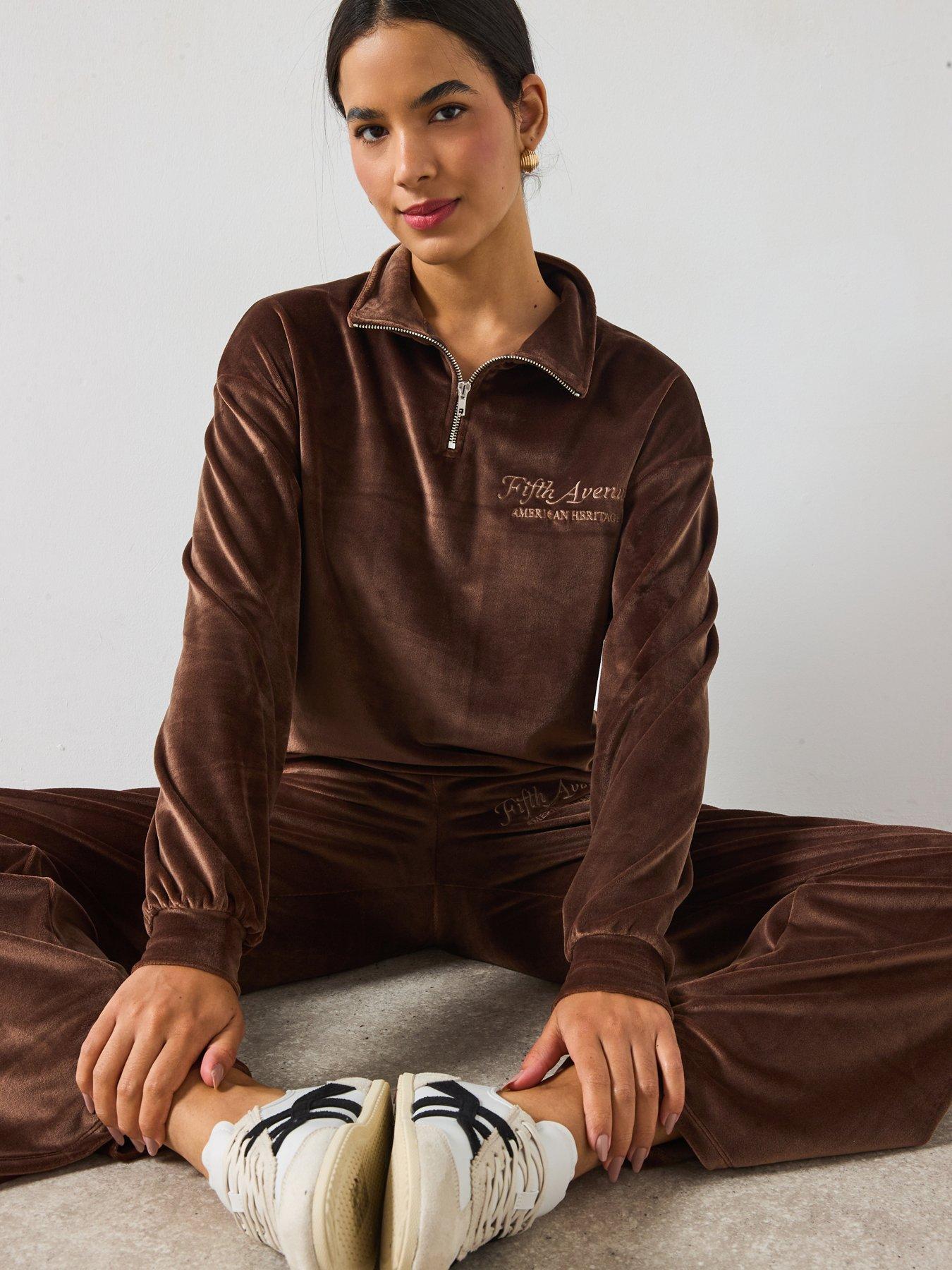 undefined Velour 1/2 Zip Sweatshirt Co-Ord - Brown