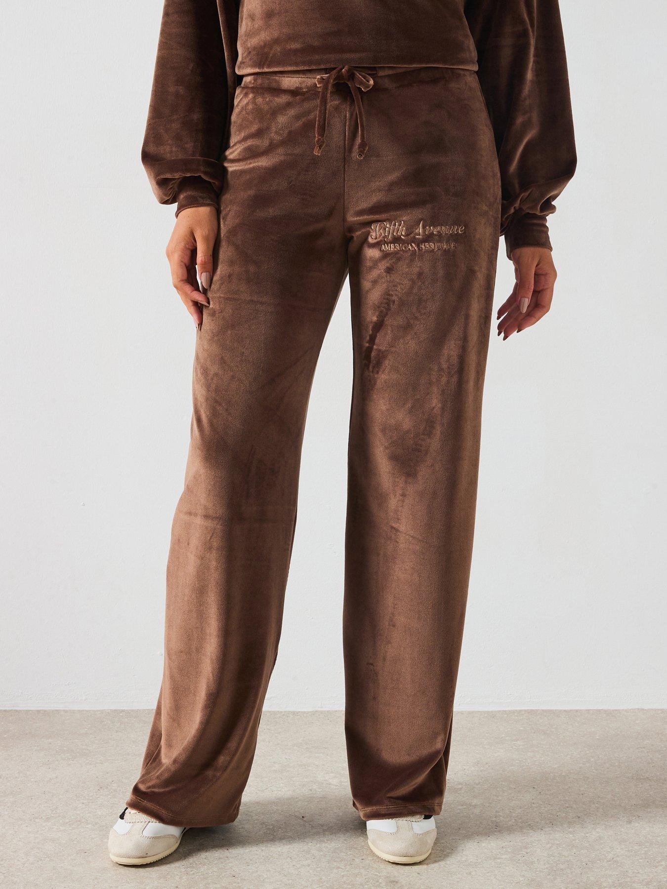 undefined Velour Wide Leg Joggers Co-Ord - Brown