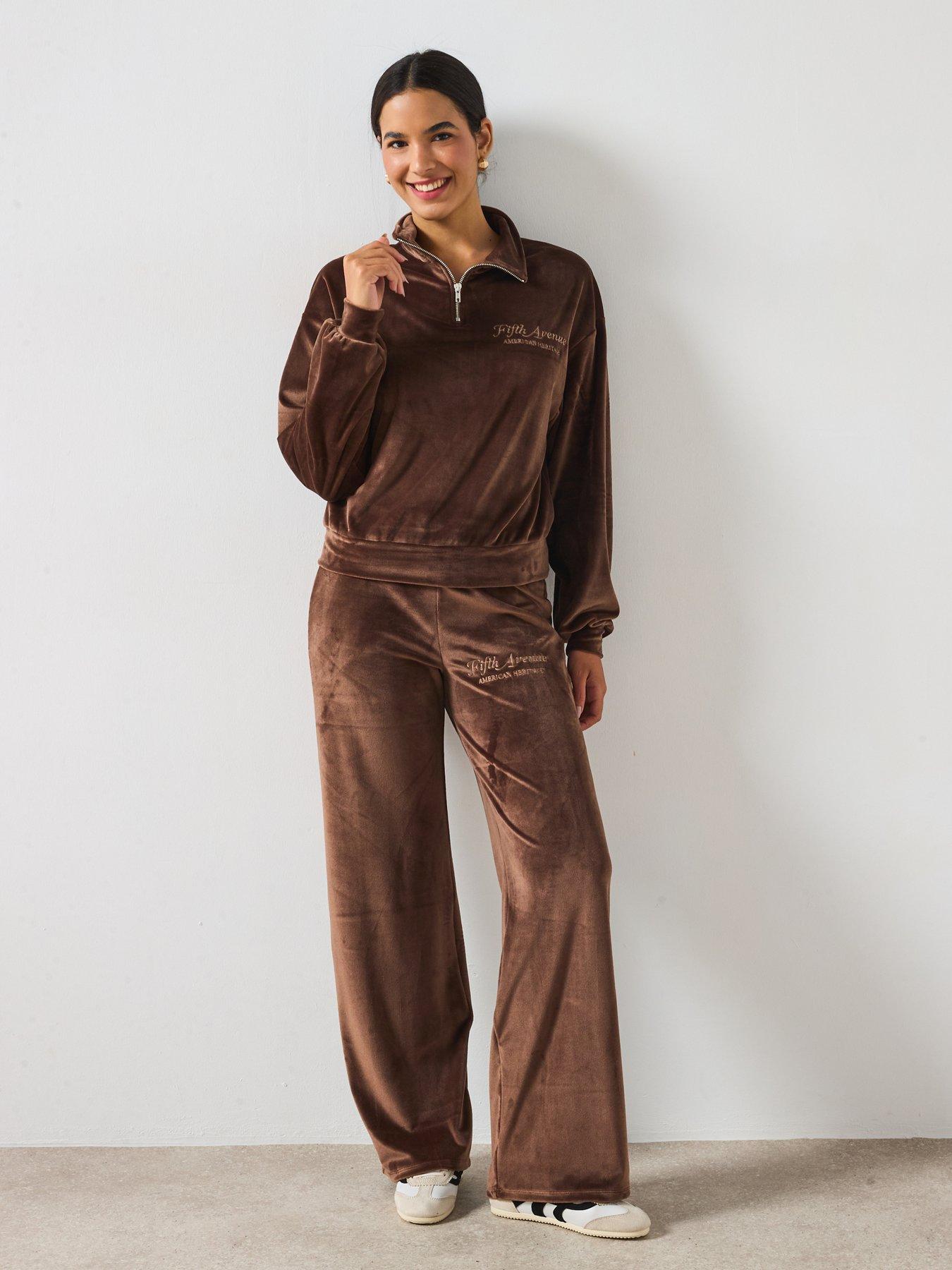 Image 3 of 6 of V by Very Velour Wide Leg Joggers Co-Ord - Brown