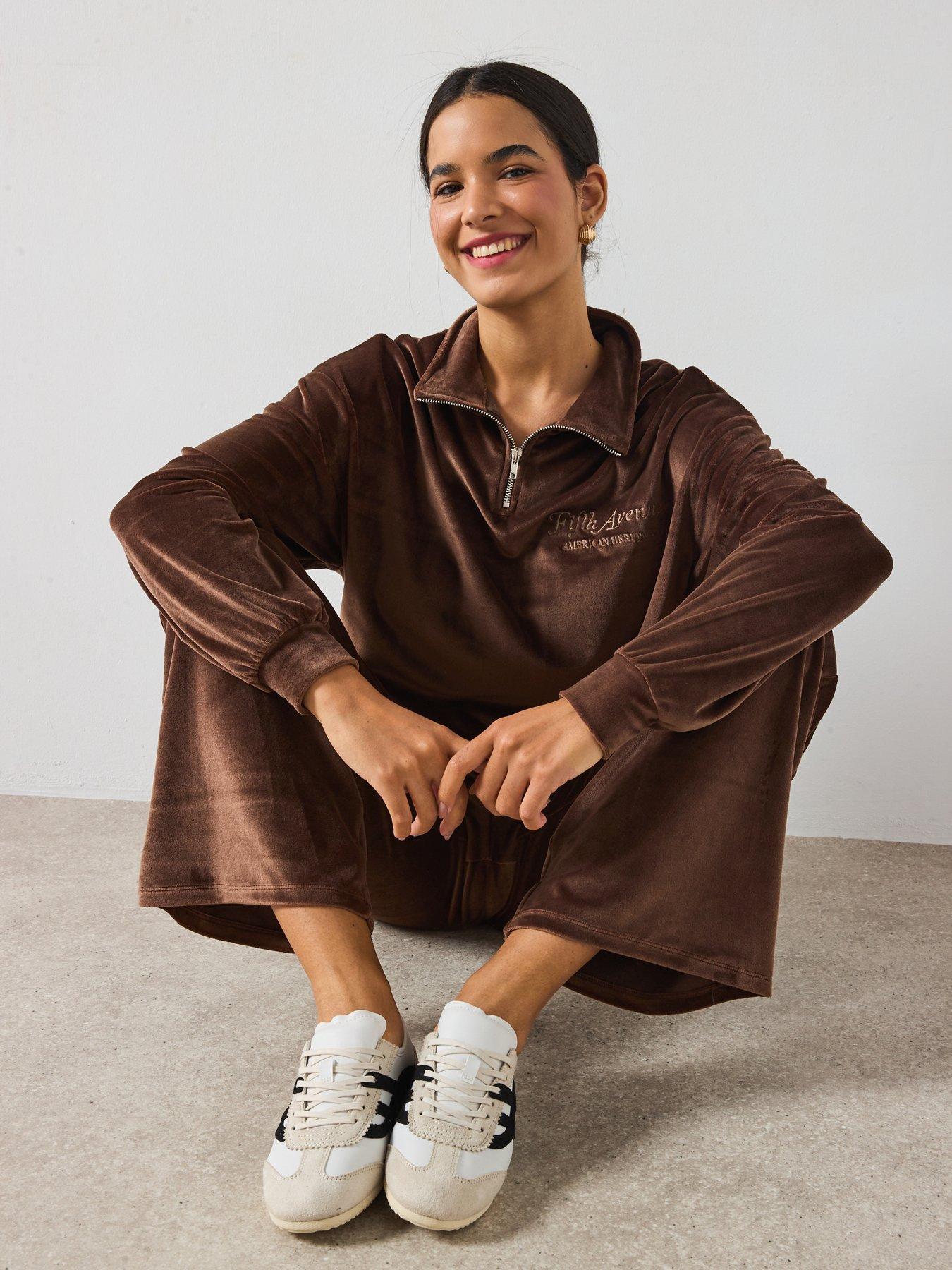 Image 4 of 6 of V by Very Velour Wide Leg Joggers Co-Ord - Brown