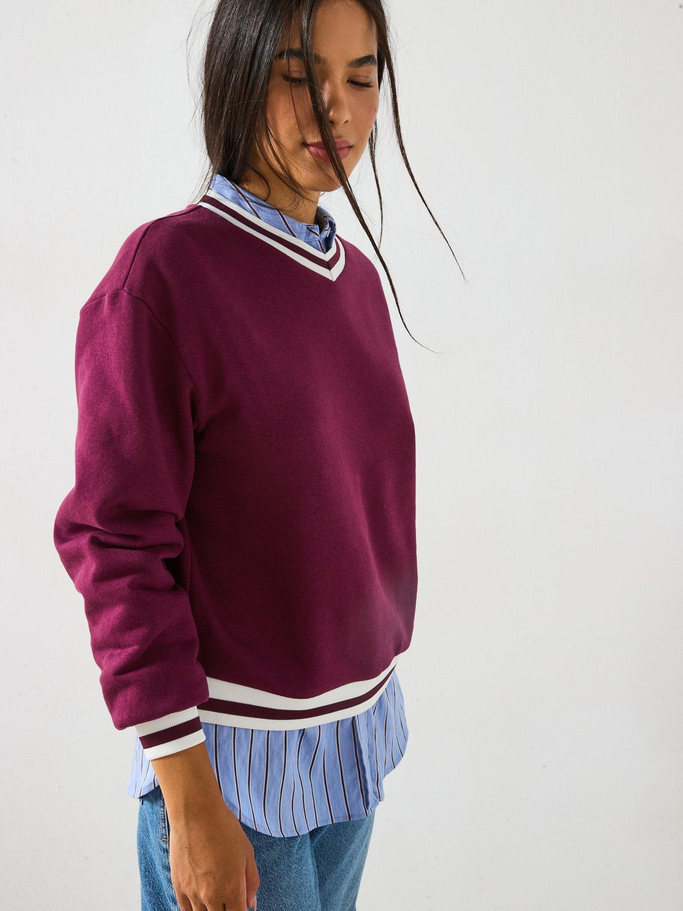 undefined Stripe Binding Neck Sweatshirt - Burgundy