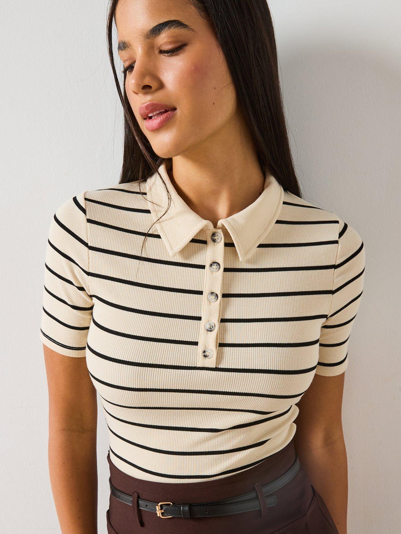 undefined Collar Detail Stripe Rib Top - Stripe