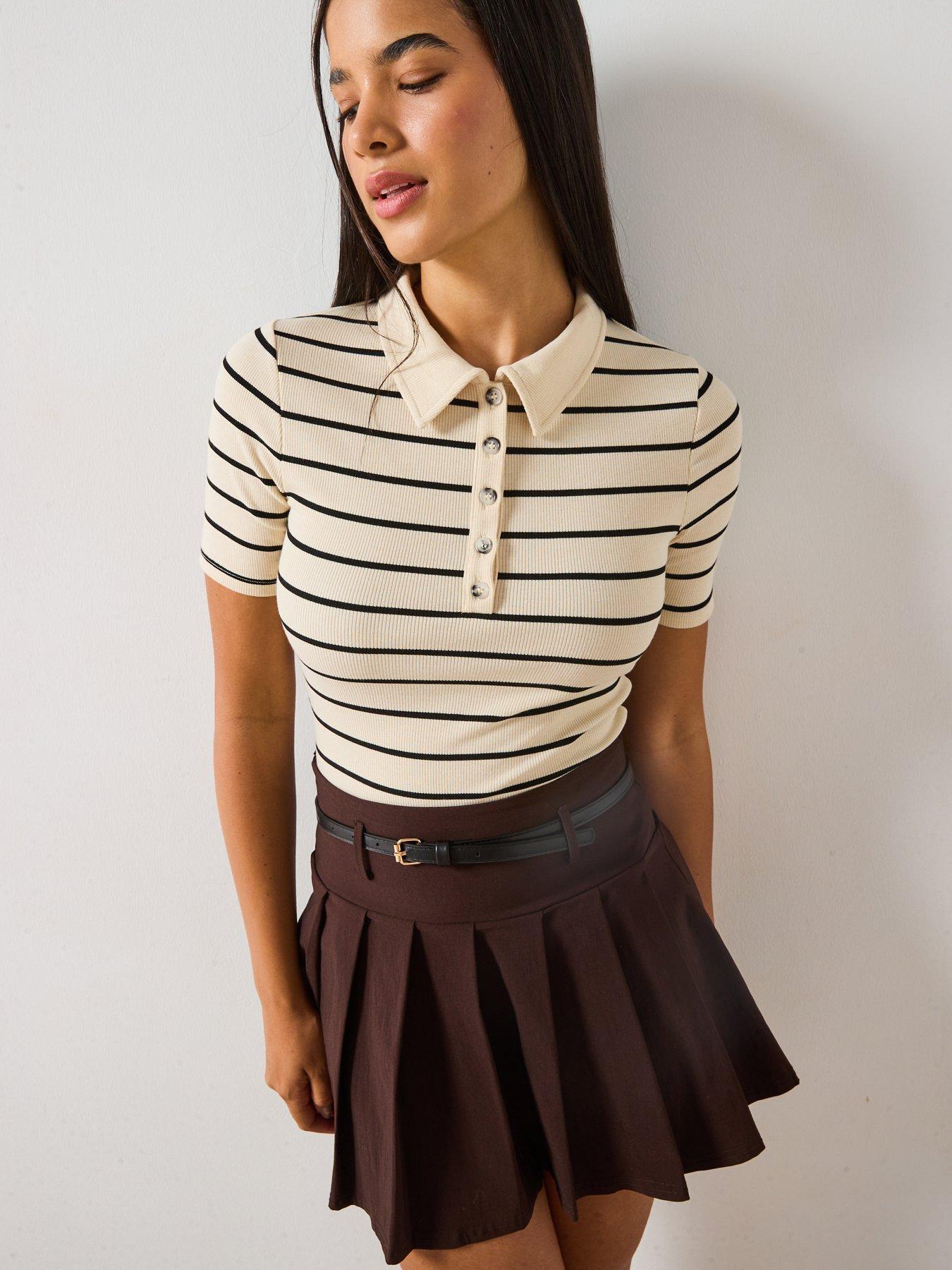 undefined Collar Detail Stripe Rib Top - Black