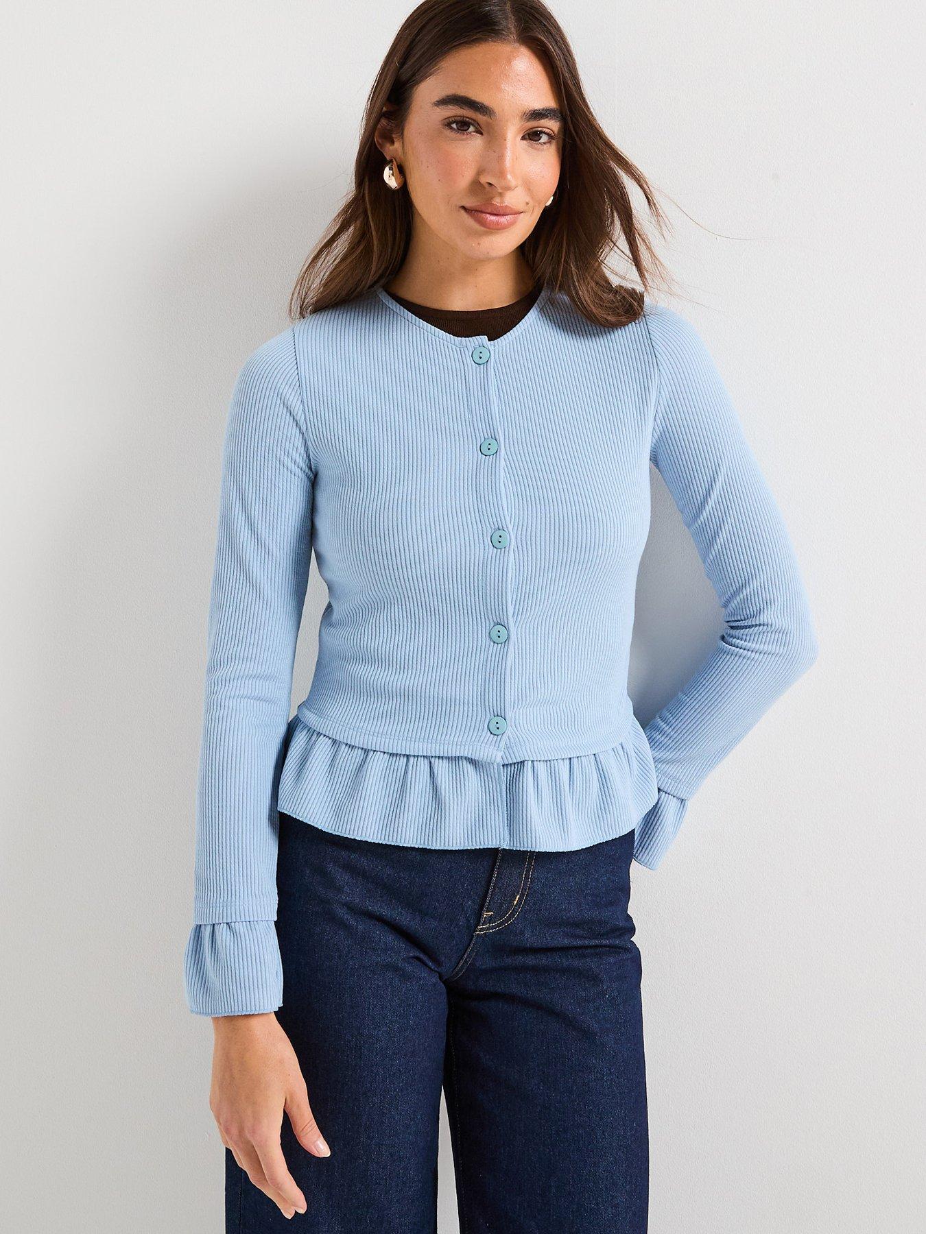 V by Very: Button Up Frill Detail Frill Cardigan - Blue