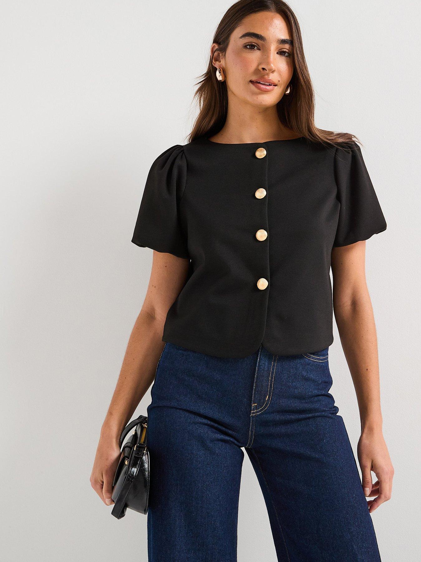 undefined Puff Sleeve Button Up Top - Black