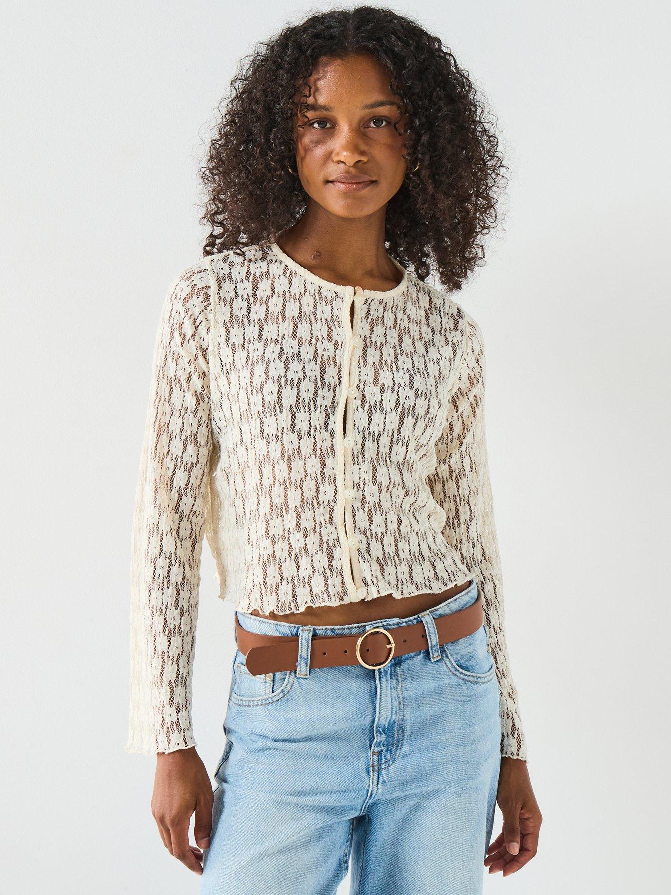 Image 1 of 6 of V by Very Button Up Lace Top - Cream