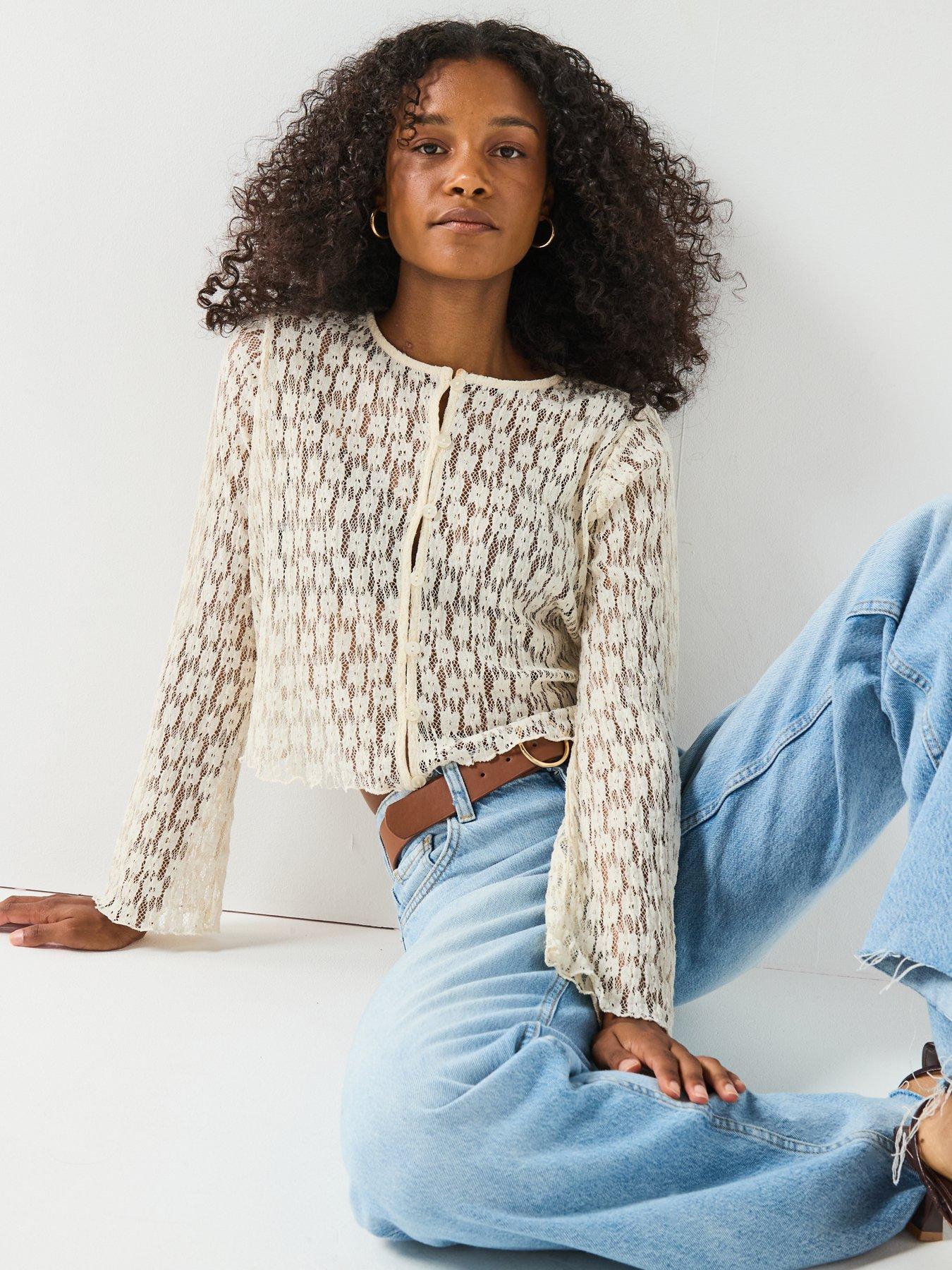 Image 5 of 6 of V by Very Button Up Lace Top - Cream