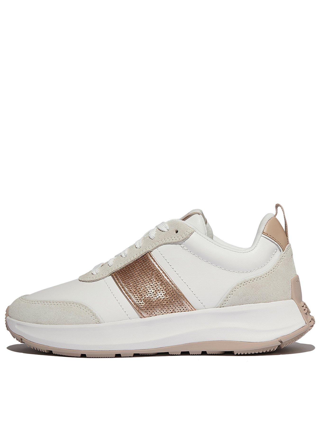 FitFlop: F-Mode Flow Sequin Suede/Leather Flatform Trainers - White