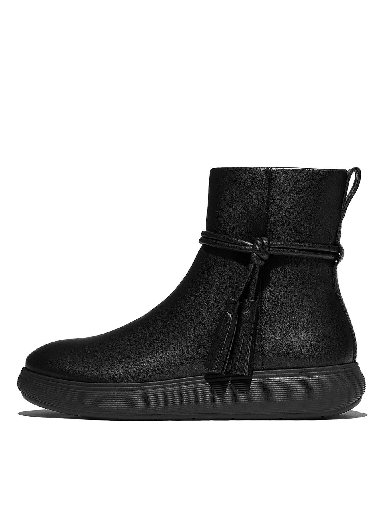 FitFlop Iq-Comff Tassel Leather Short Boots - Black