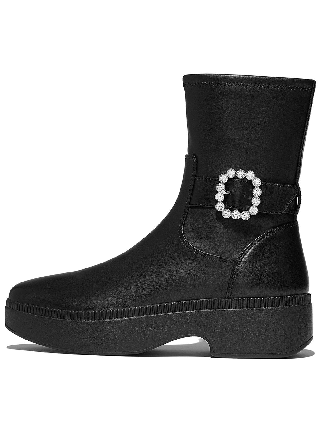 FitFlop F-Luma Crystal-Buckle Leather Short Boots - Black