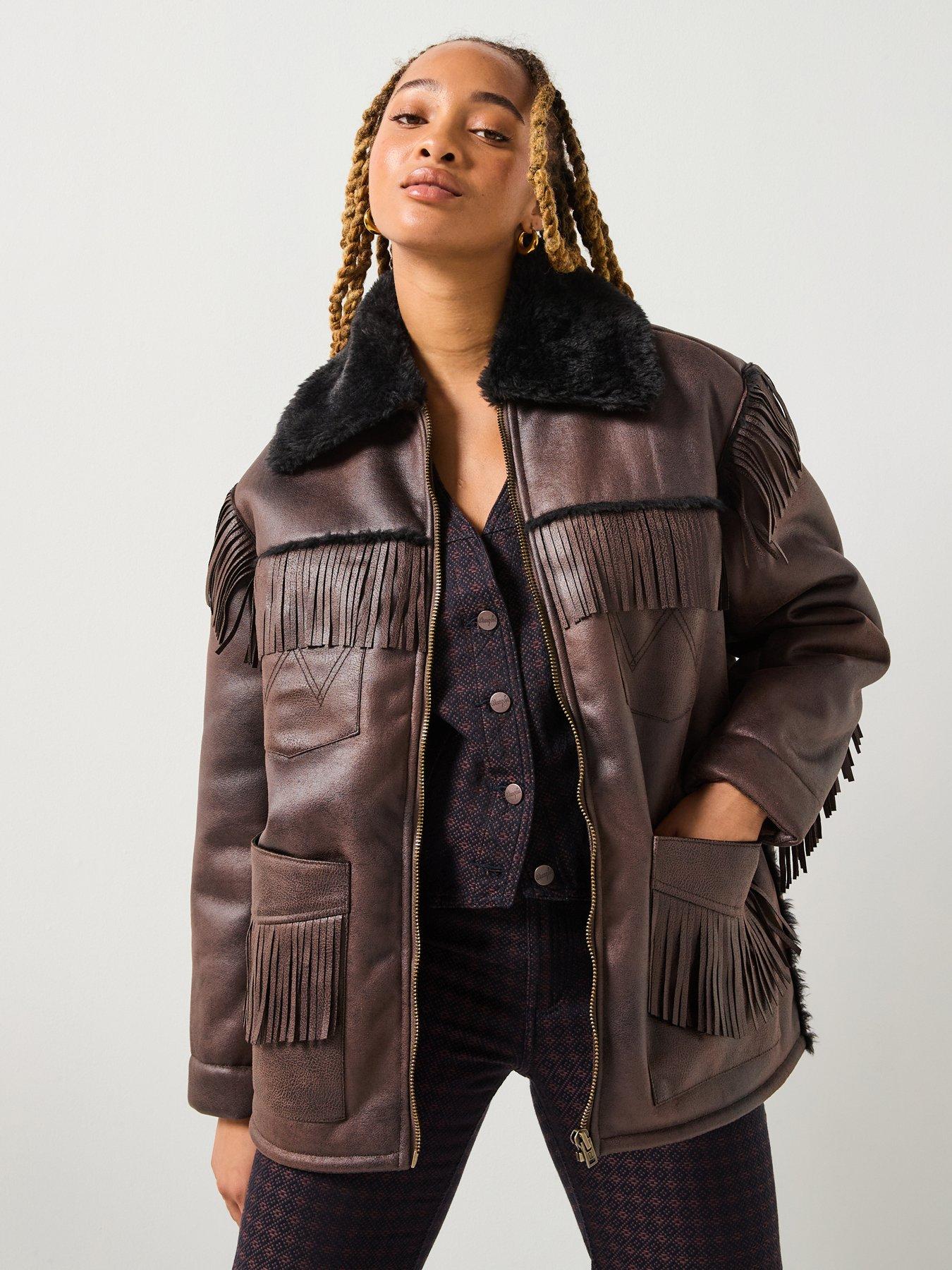 Wrangler Fringe Wrange Jacket Brown Leather - Black | Very