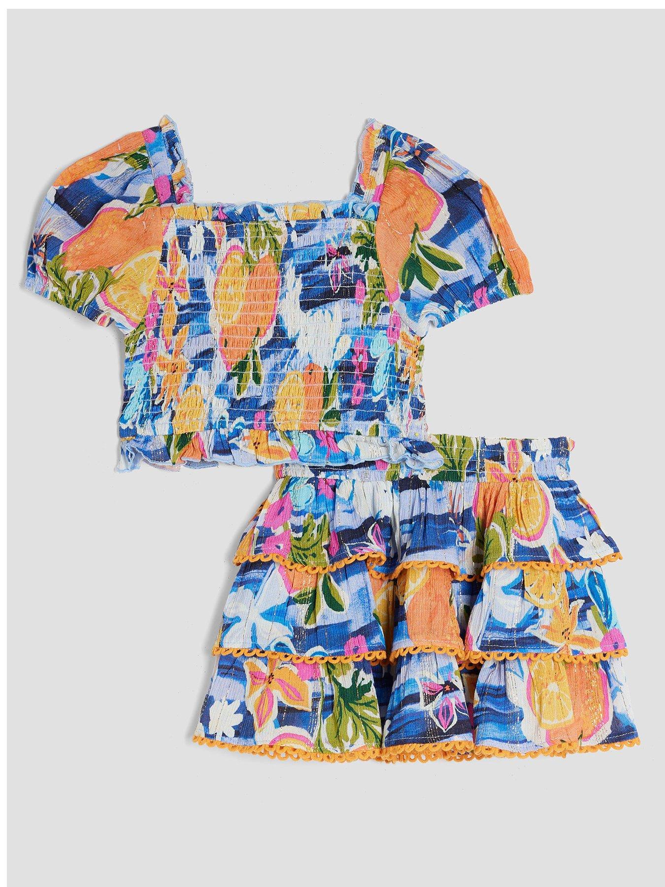 Image 1 of 5 of River Island Mini Girls All Over Fruit Print Top And Skirt Set - Blue