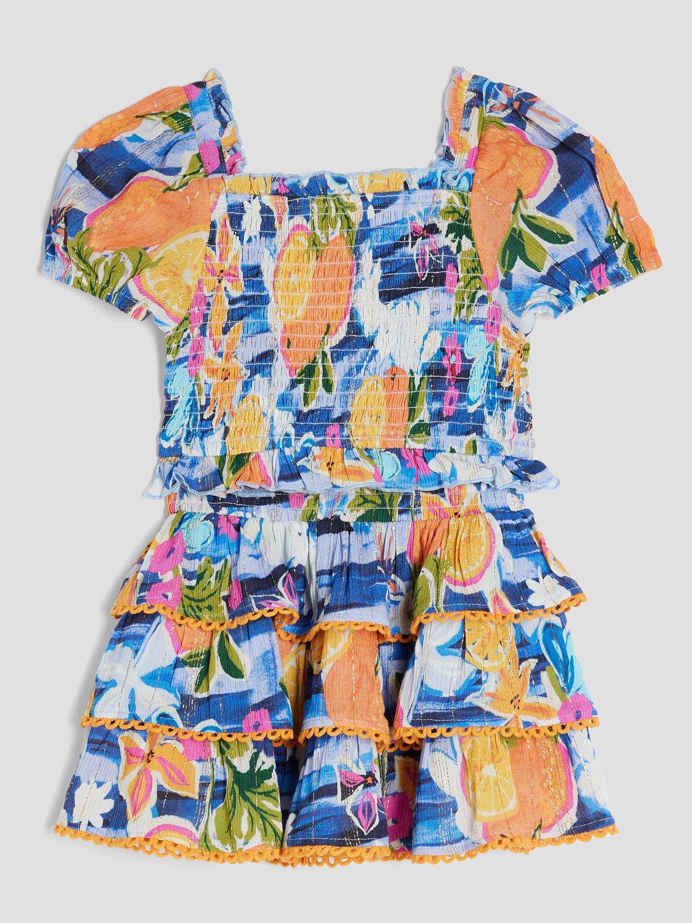 Image 2 of 5 of River Island Mini Girls All Over Fruit Print Top And Skirt Set - Blue