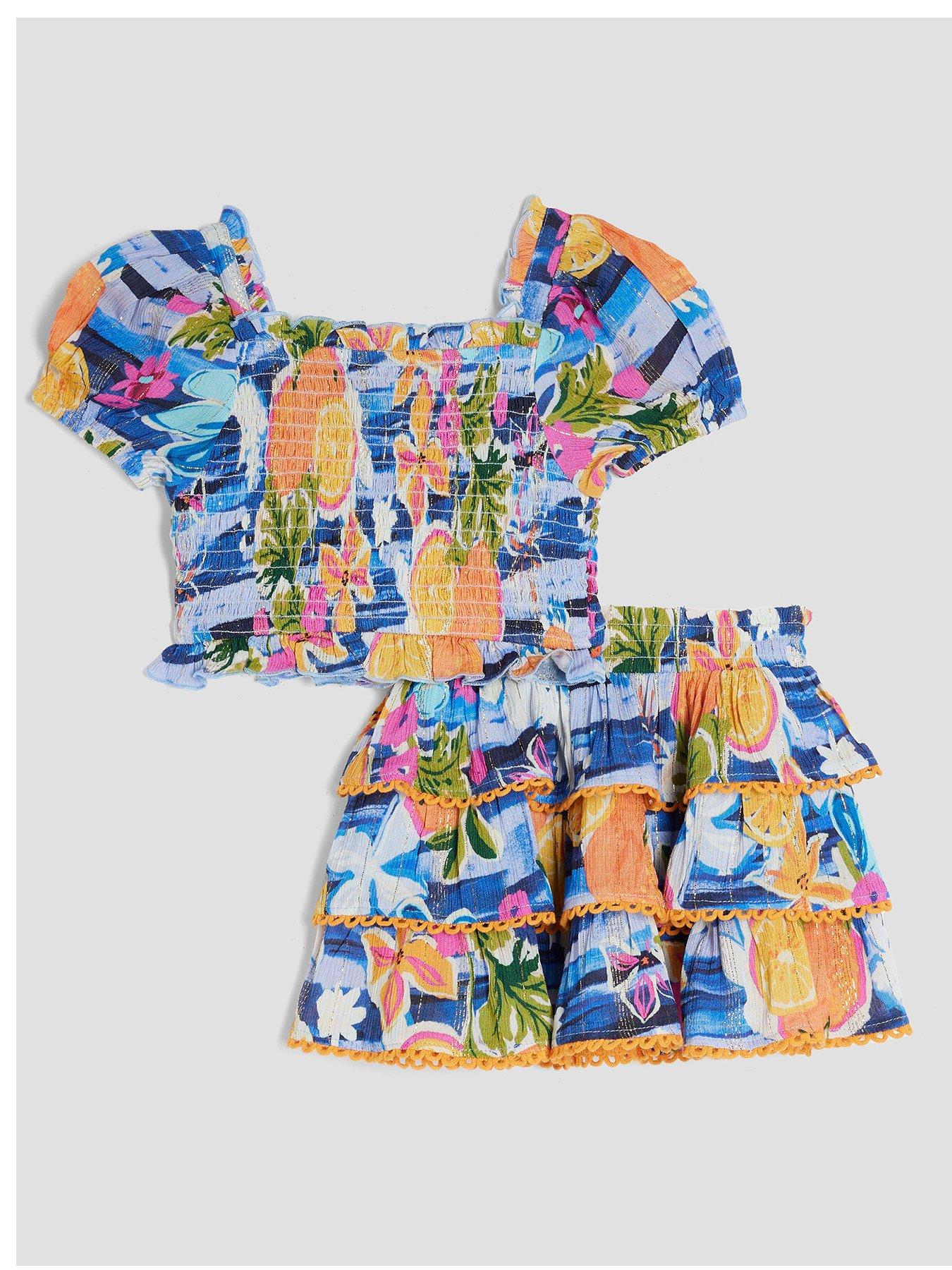 Image 3 of 5 of River Island Mini Girls All Over Fruit Print Top And Skirt Set - Blue