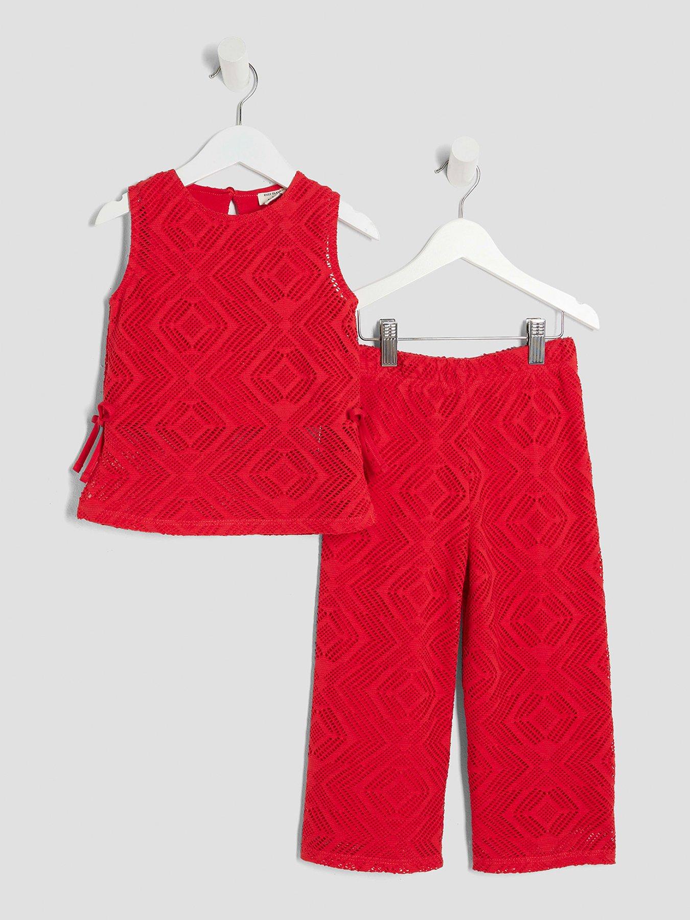 undefined Girls Lace Tunic Trouser Set - Red