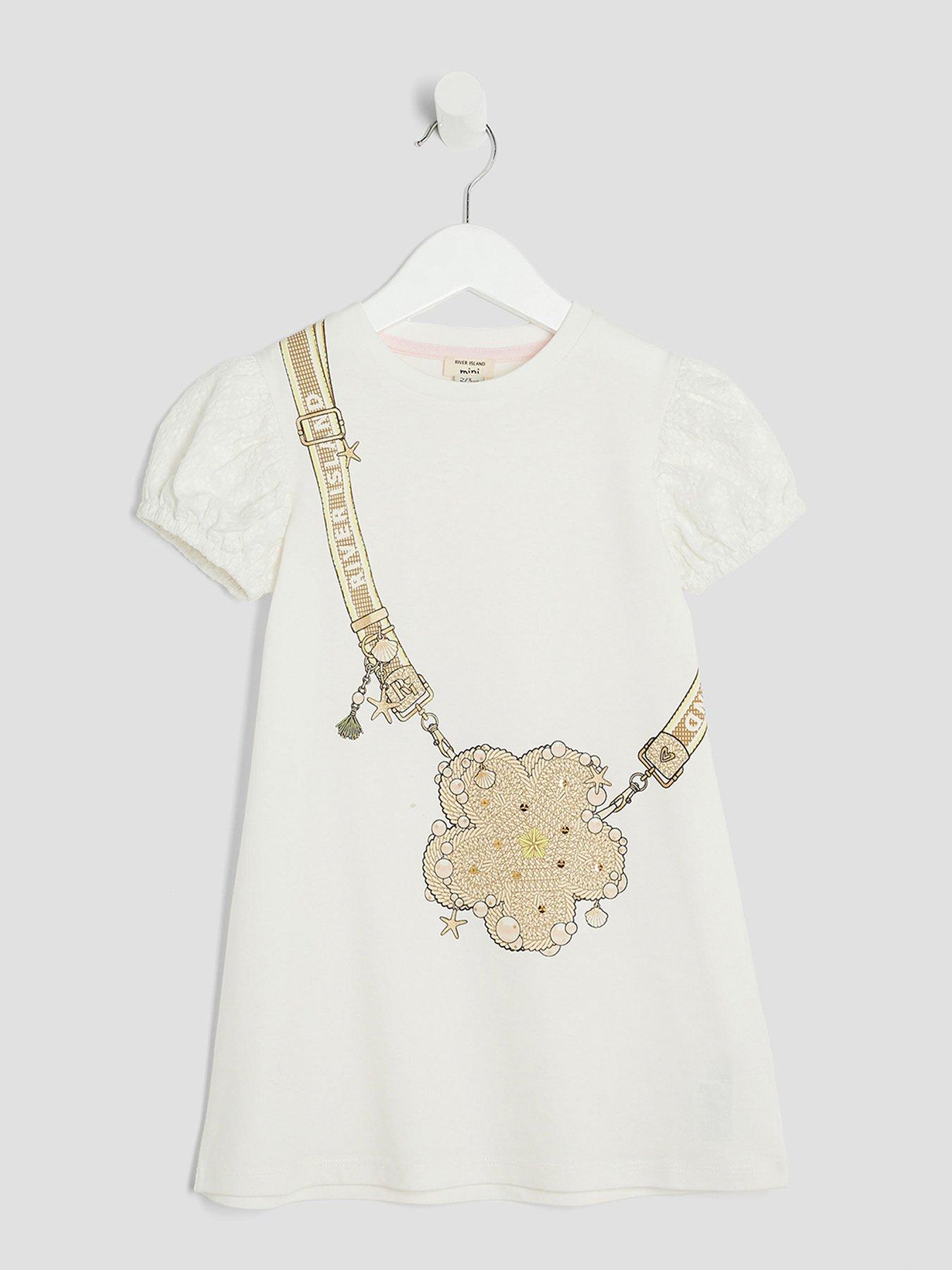 undefined Girls Short Sleeve Raffia Bag Dress - Beige - Cream