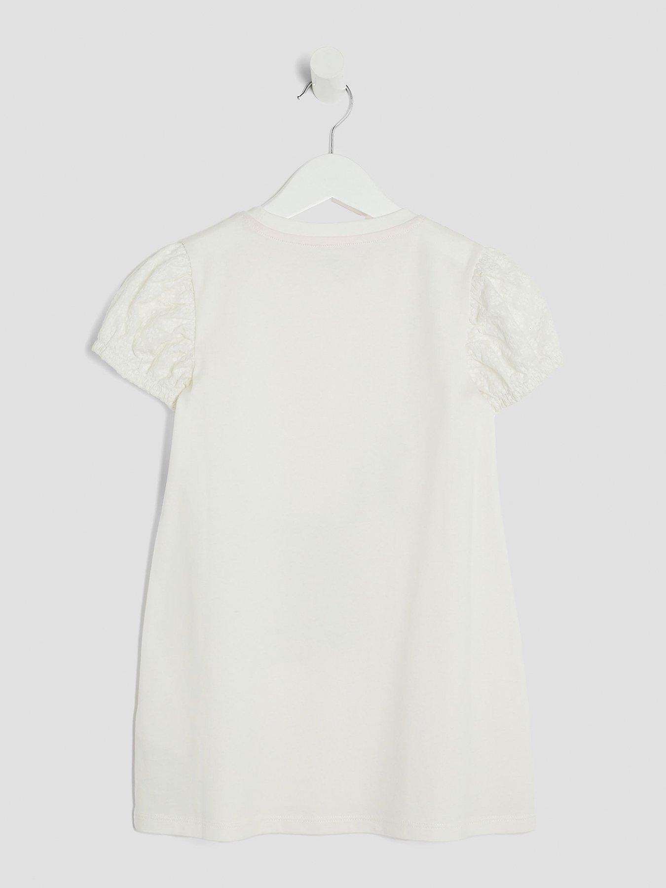 Image 2 of 4 of River Island Mini Girls Short Sleeve Raffia Bag Dress - Beige - Cream