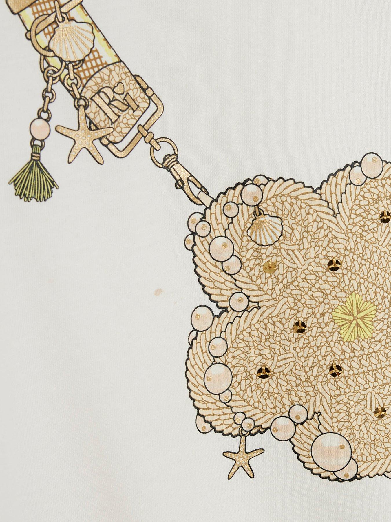 Image 3 of 4 of River Island Mini Girls Short Sleeve Raffia Bag Dress - Beige - Cream