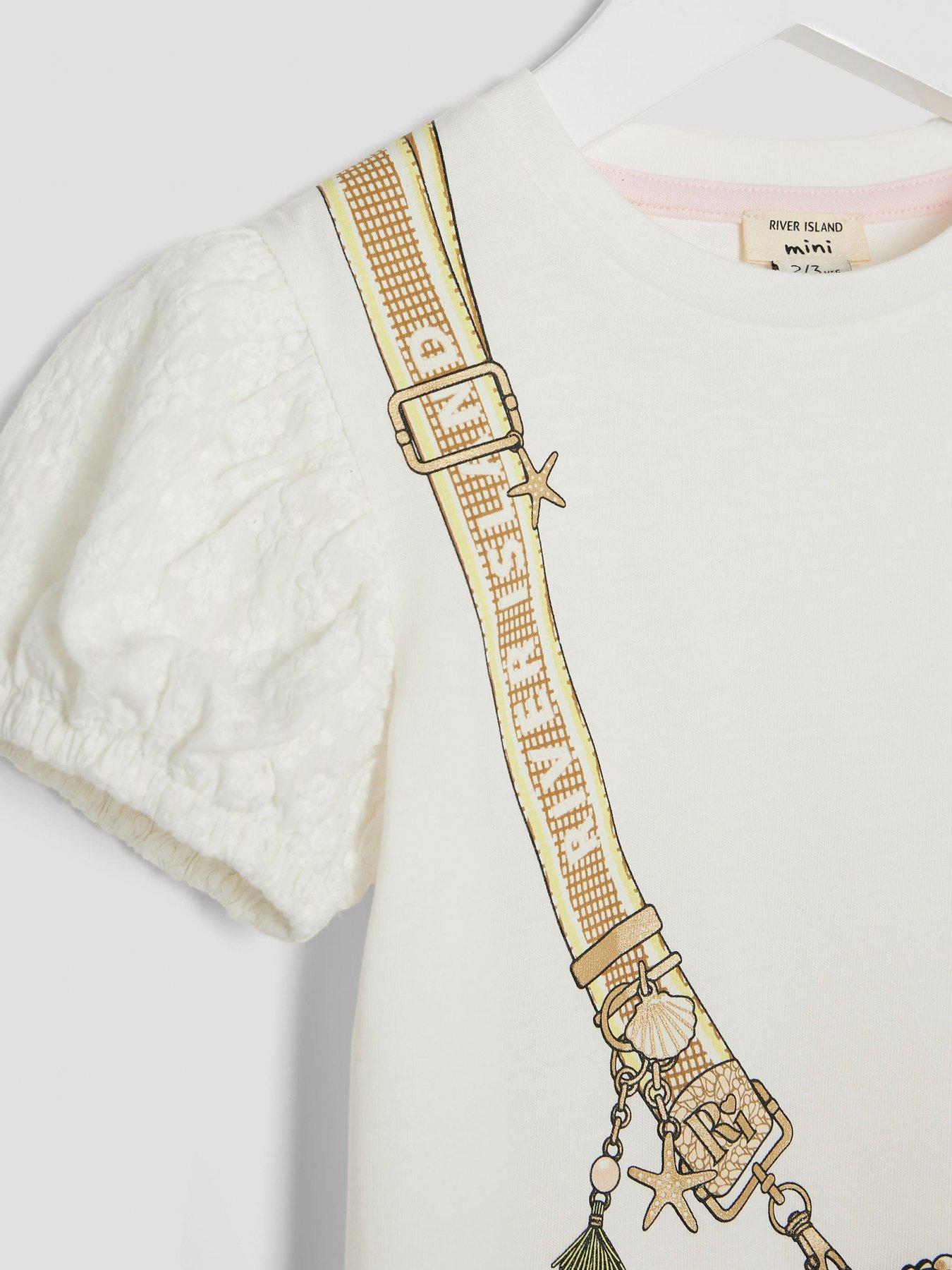 Image 4 of 4 of River Island Mini Girls Short Sleeve Raffia Bag Dress - Beige - Cream