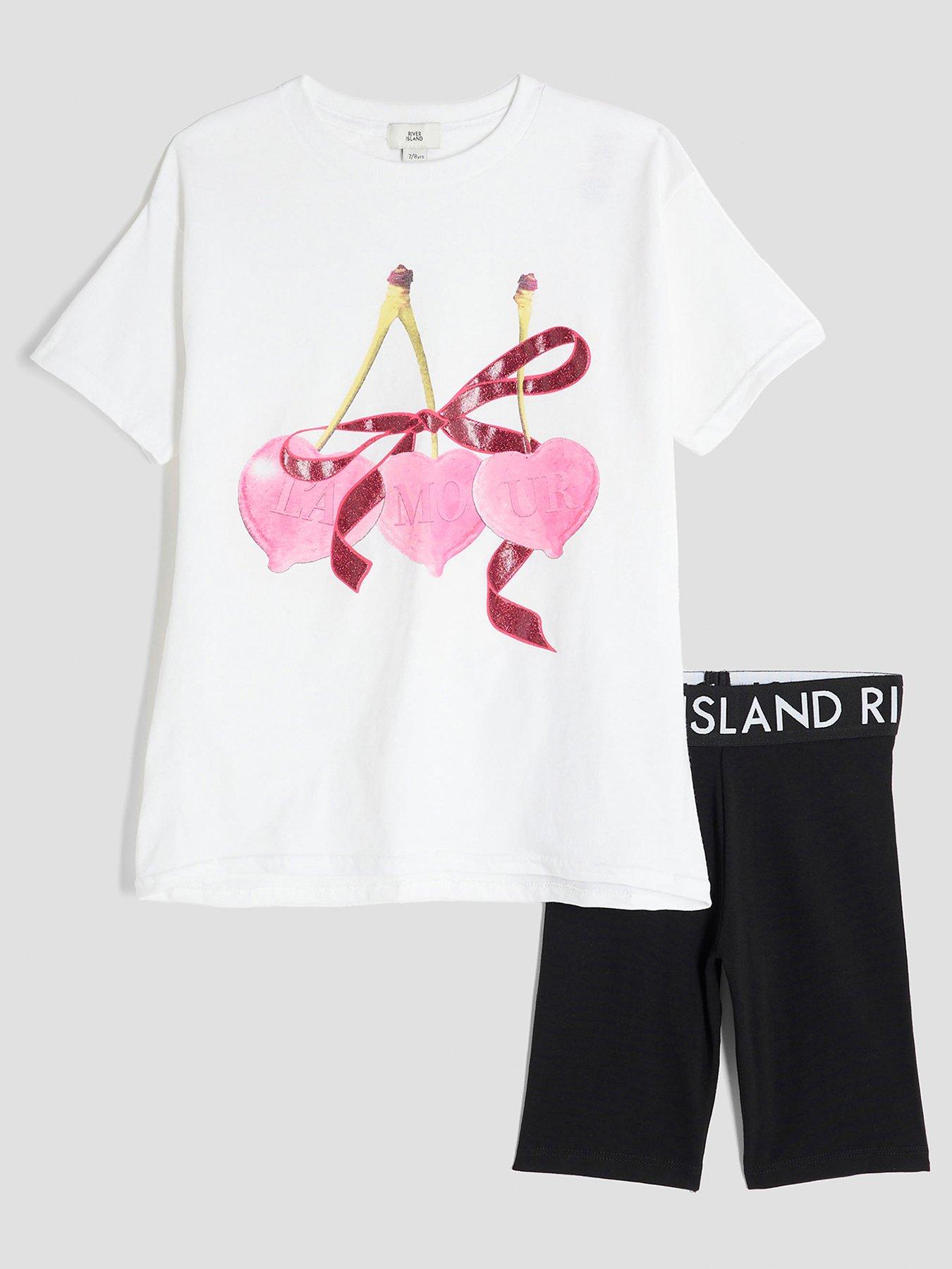 undefined Older Girls Cherry T-Shirt And Cycle Set - White