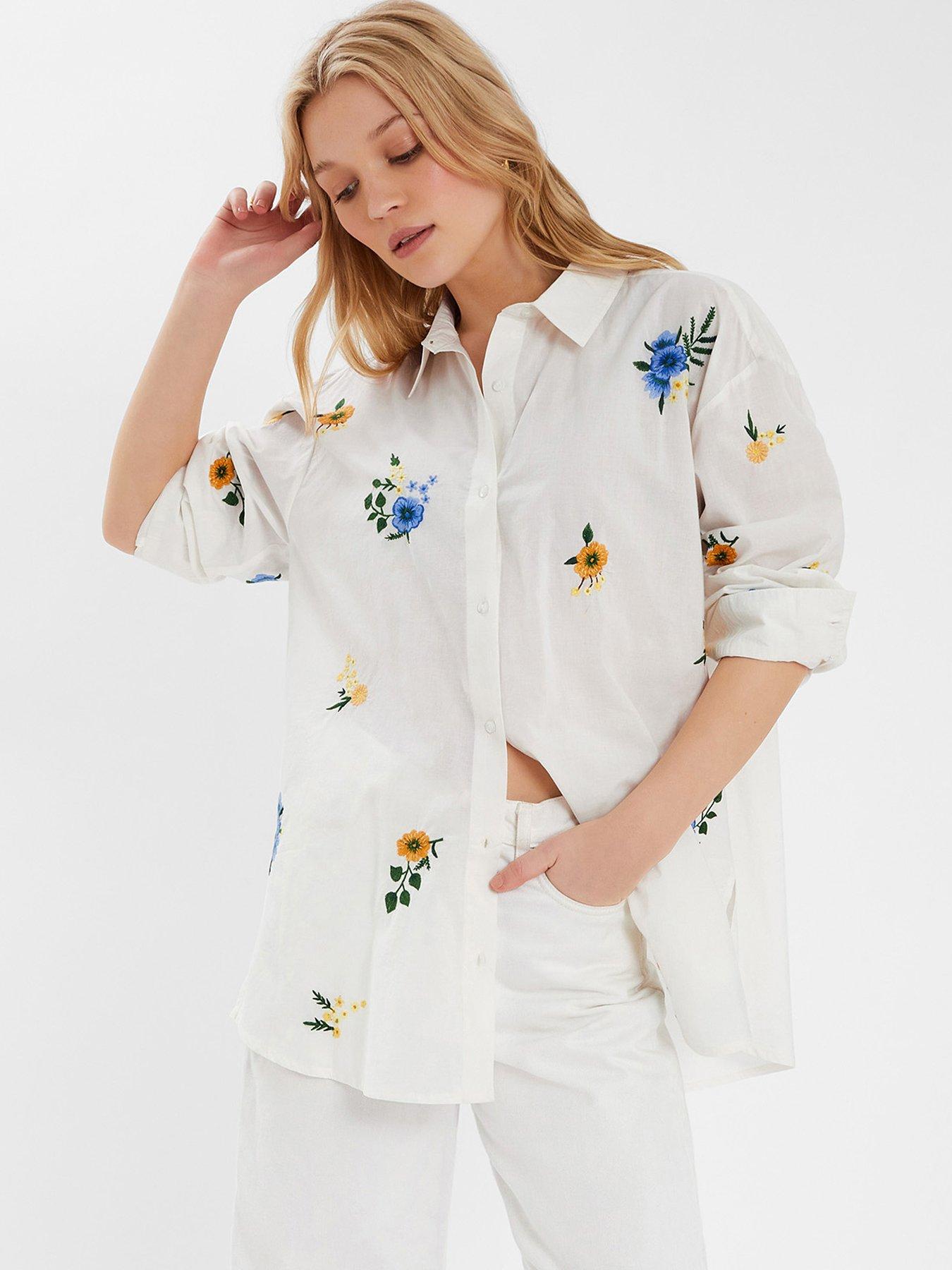 undefined Floral Embroidered Cotton Shirt - White