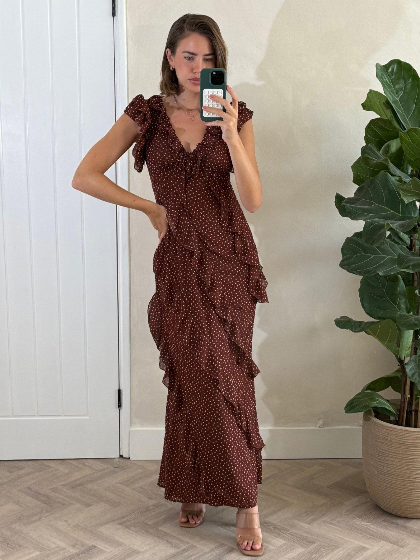 Style Cheat: Chocolate Spot Ruffle Maxi Dress - Brown