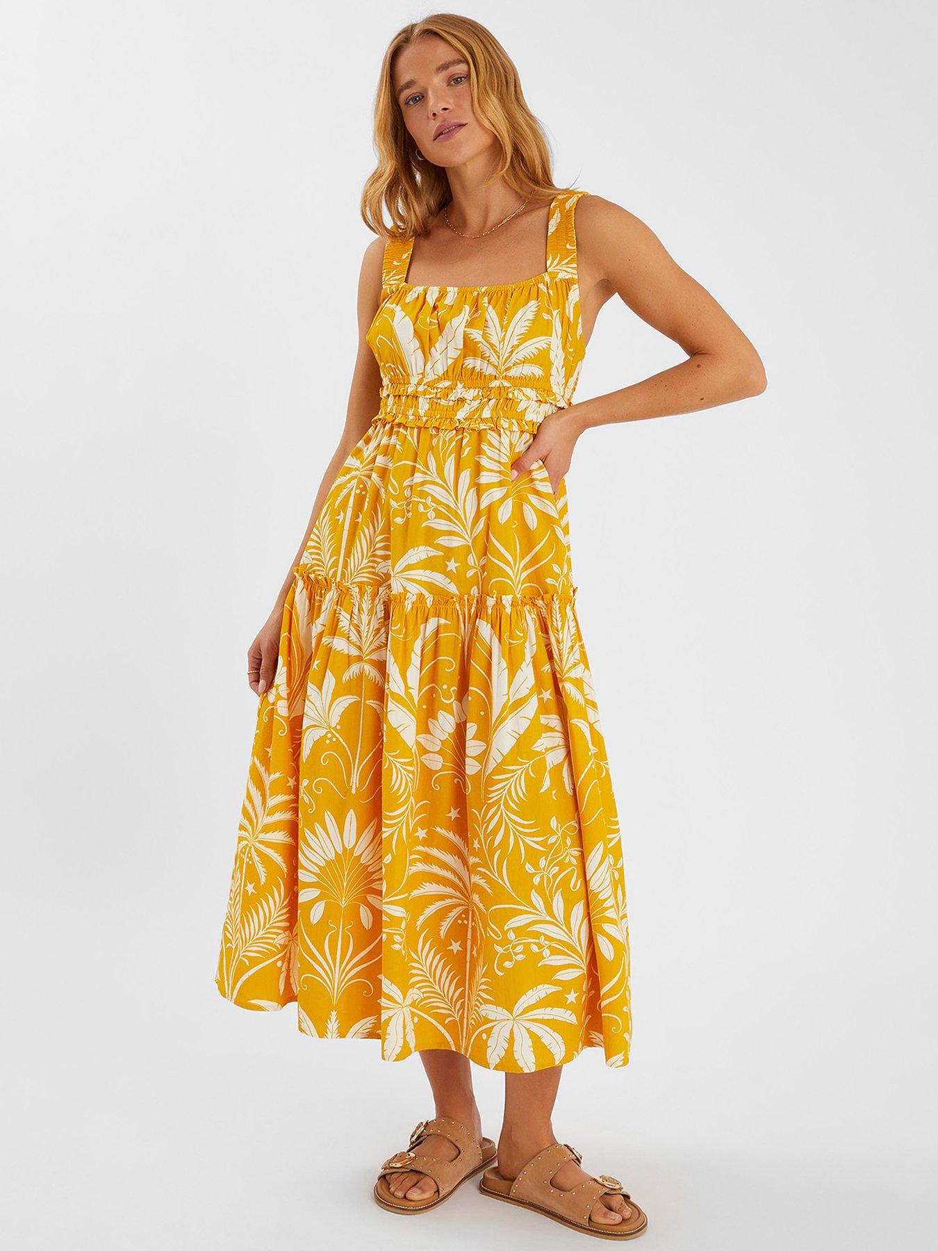 undefined Palm Print Sleeveless Midi Dress - Yellow - White