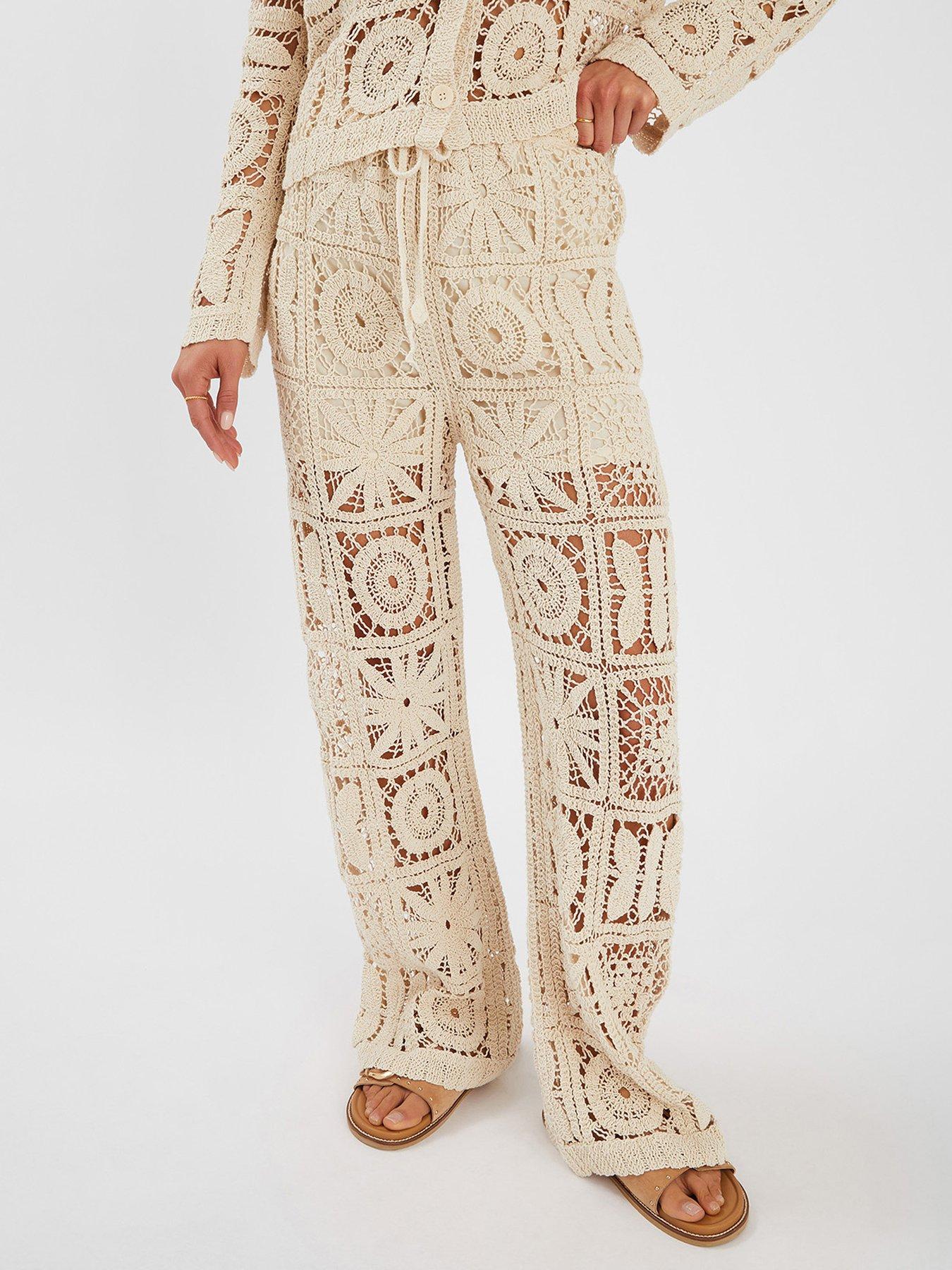 undefined High Waist Crochet Trousers - Beige