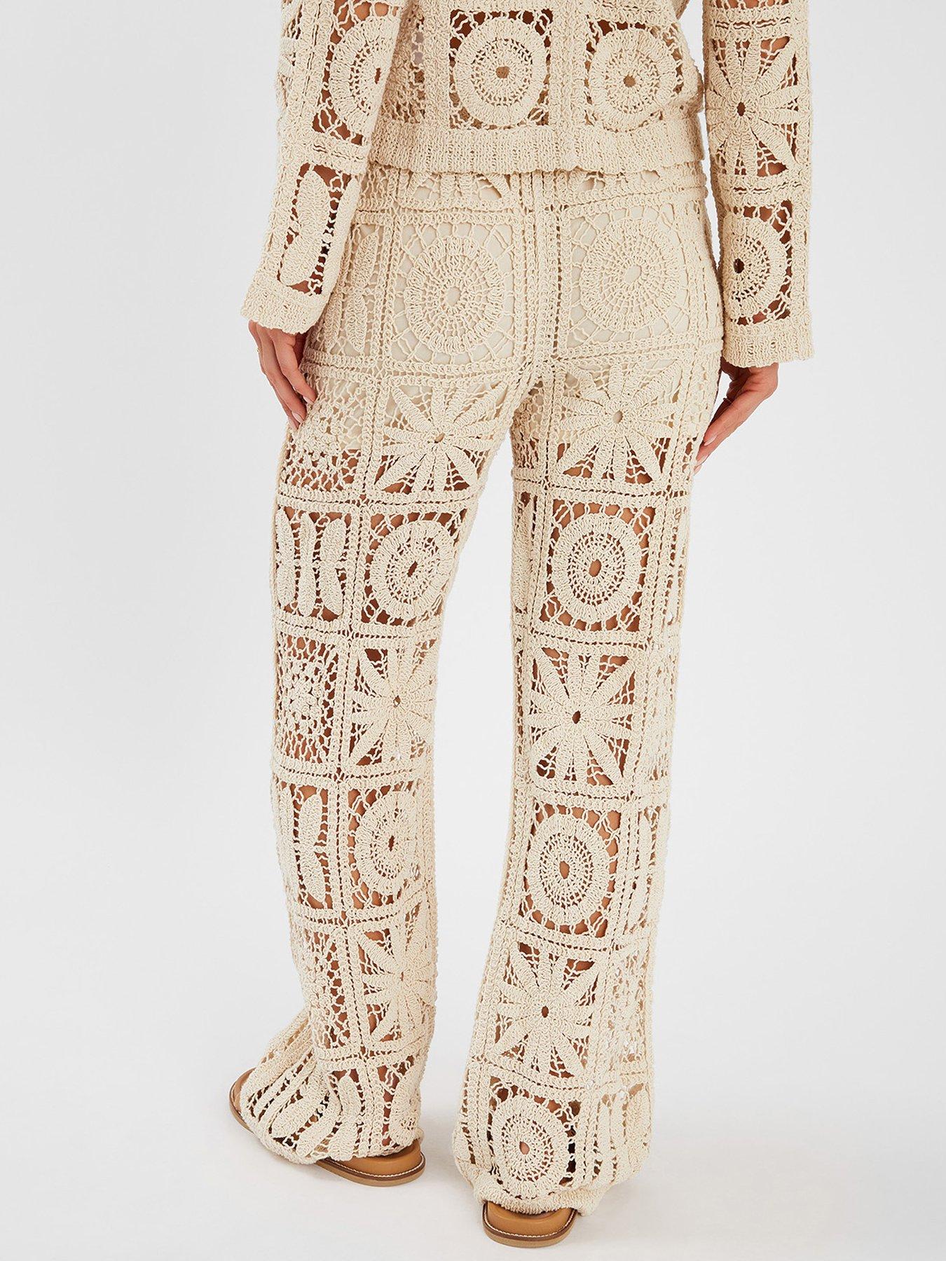 Image 2 of 3 of Accessorize High Waist Crochet Trousers - Beige
