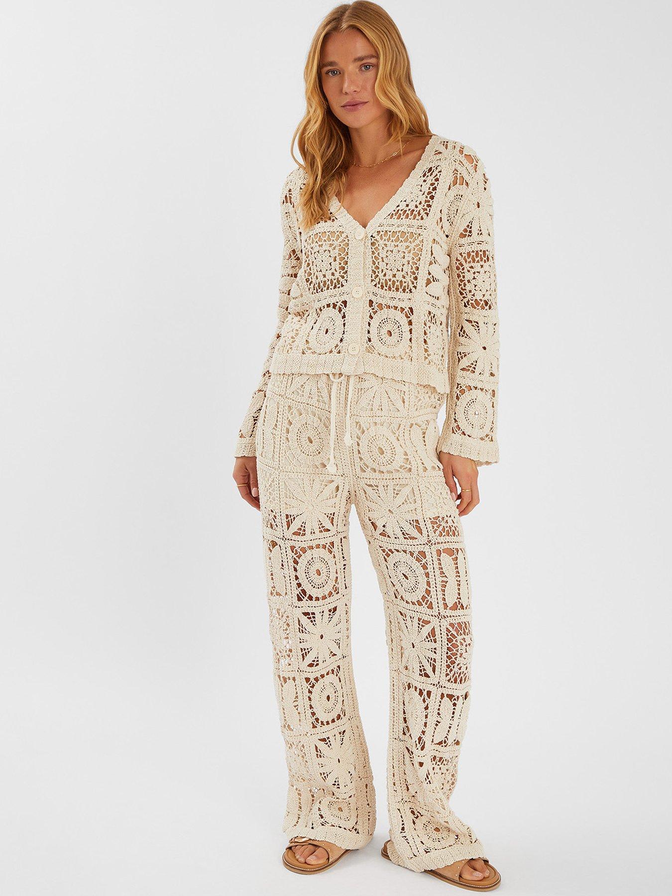 Image 3 of 3 of Accessorize High Waist Crochet Trousers - Beige