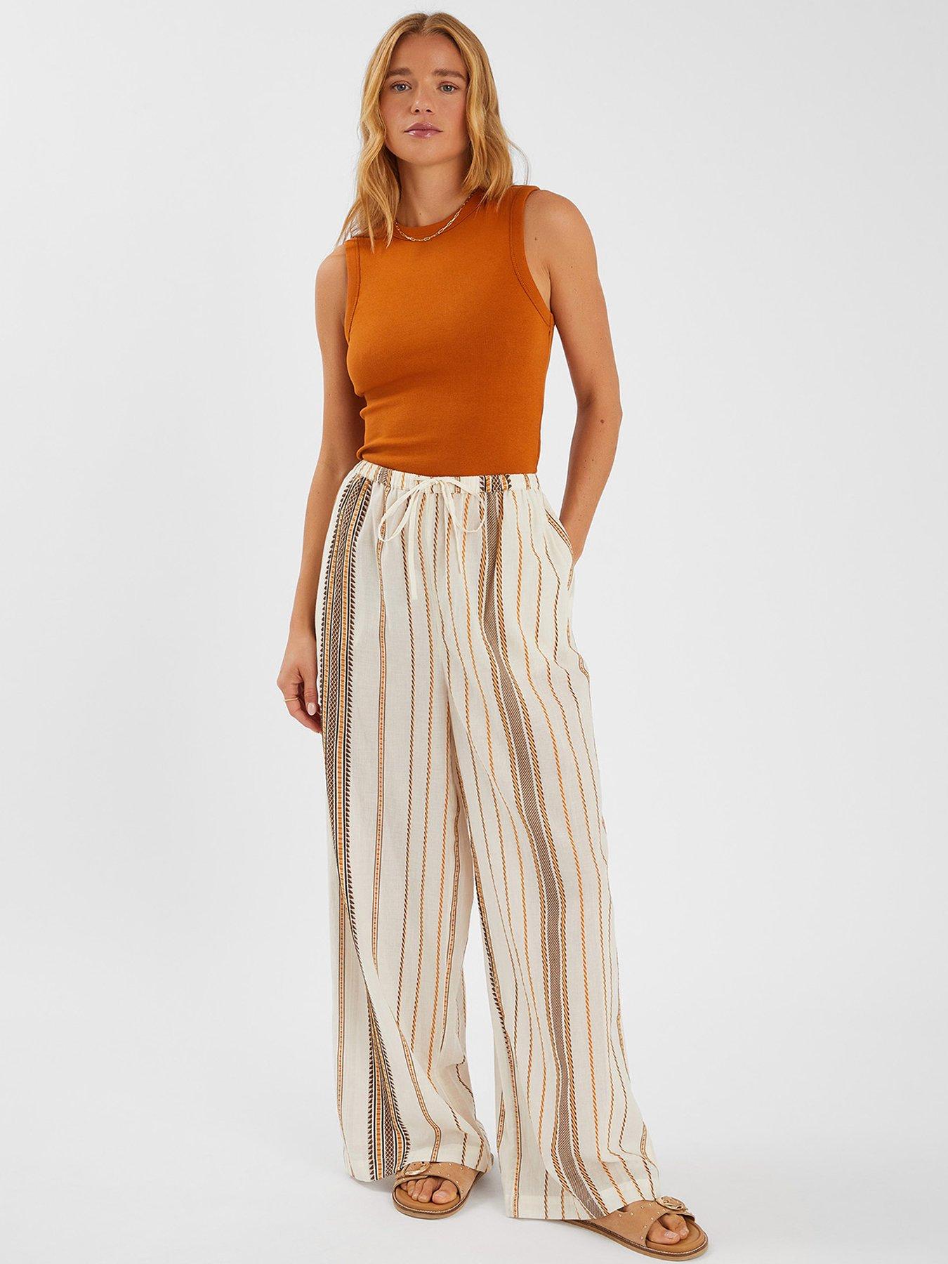 undefined Stripe Wide Leg Trousers - Beige