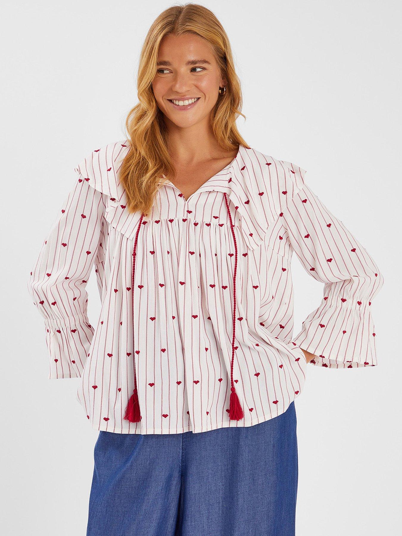 undefined Heart Print Collared Blouse - Red