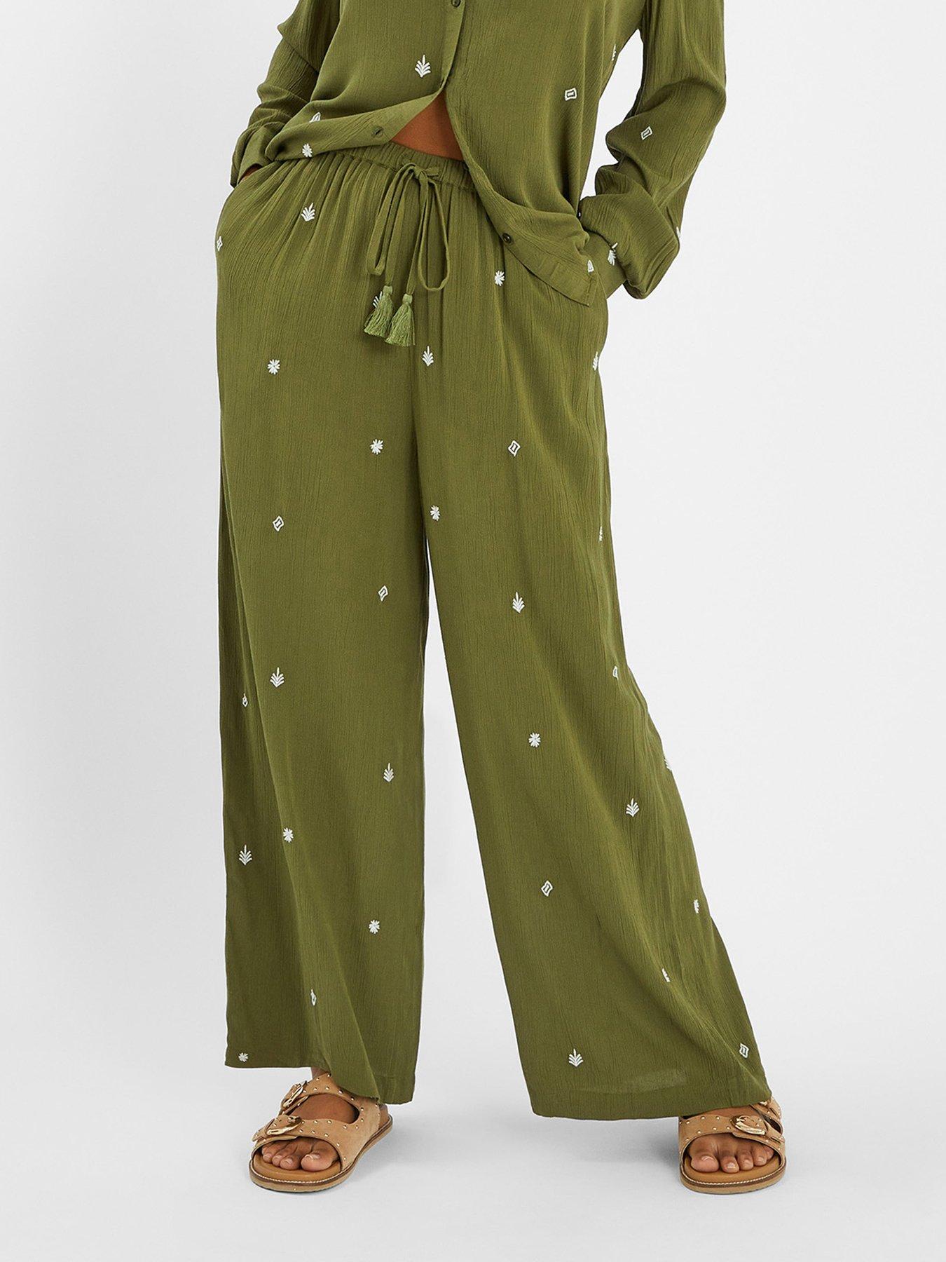 undefined Embroidered Crinkle Trousers - Khaki