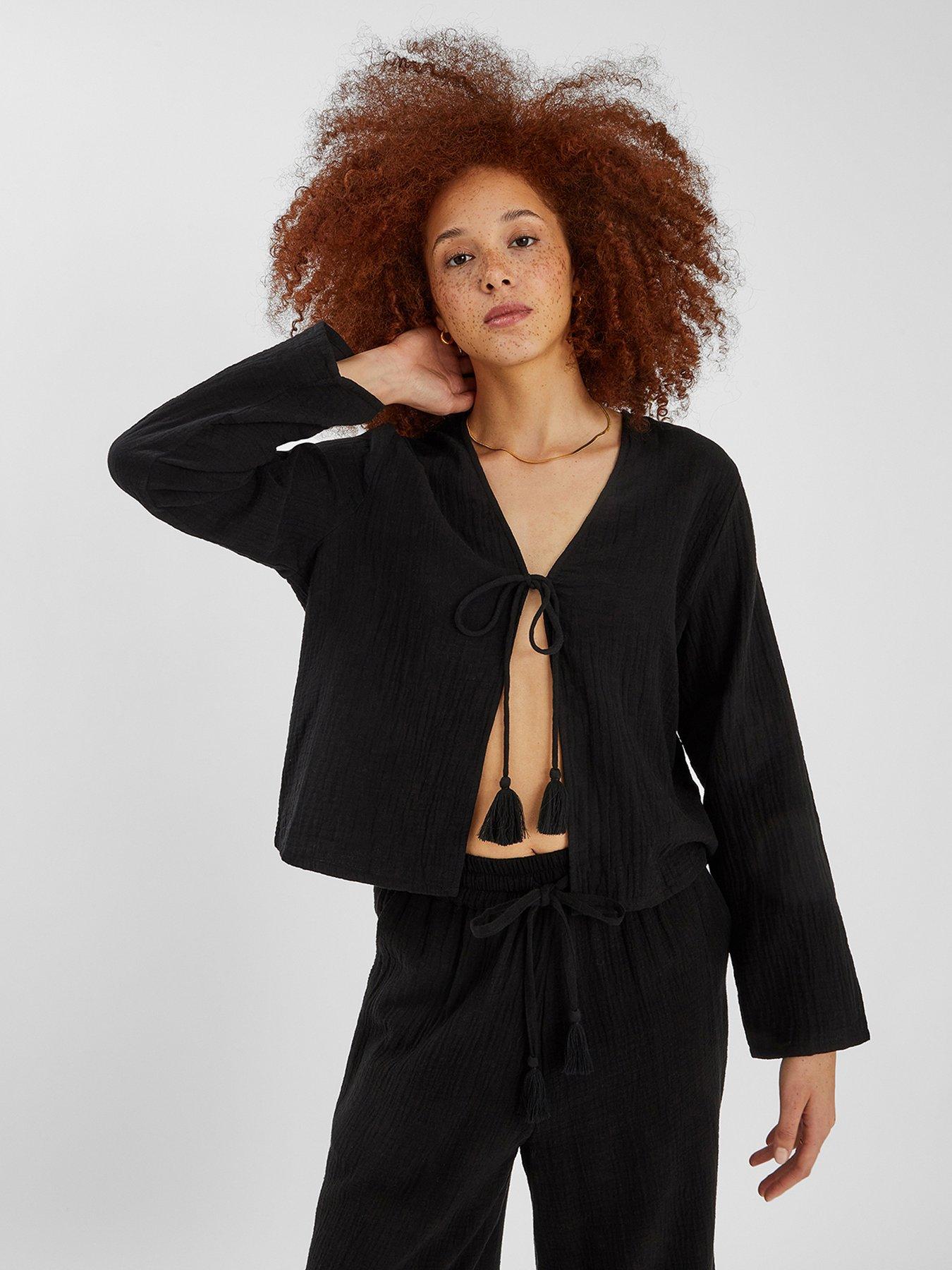 undefined Tie Front Crinkle Top - Black