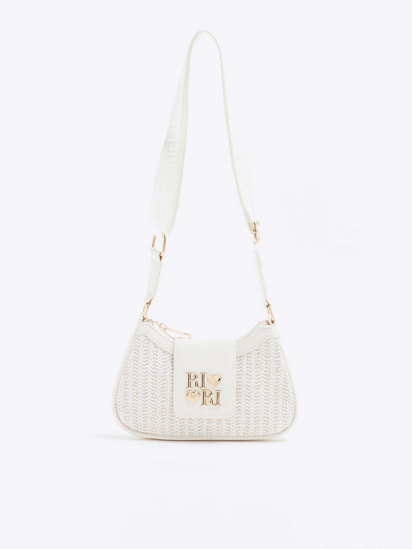 Image 1 of 5 of River Island Older Girls Raffia Cross Body Bag - White