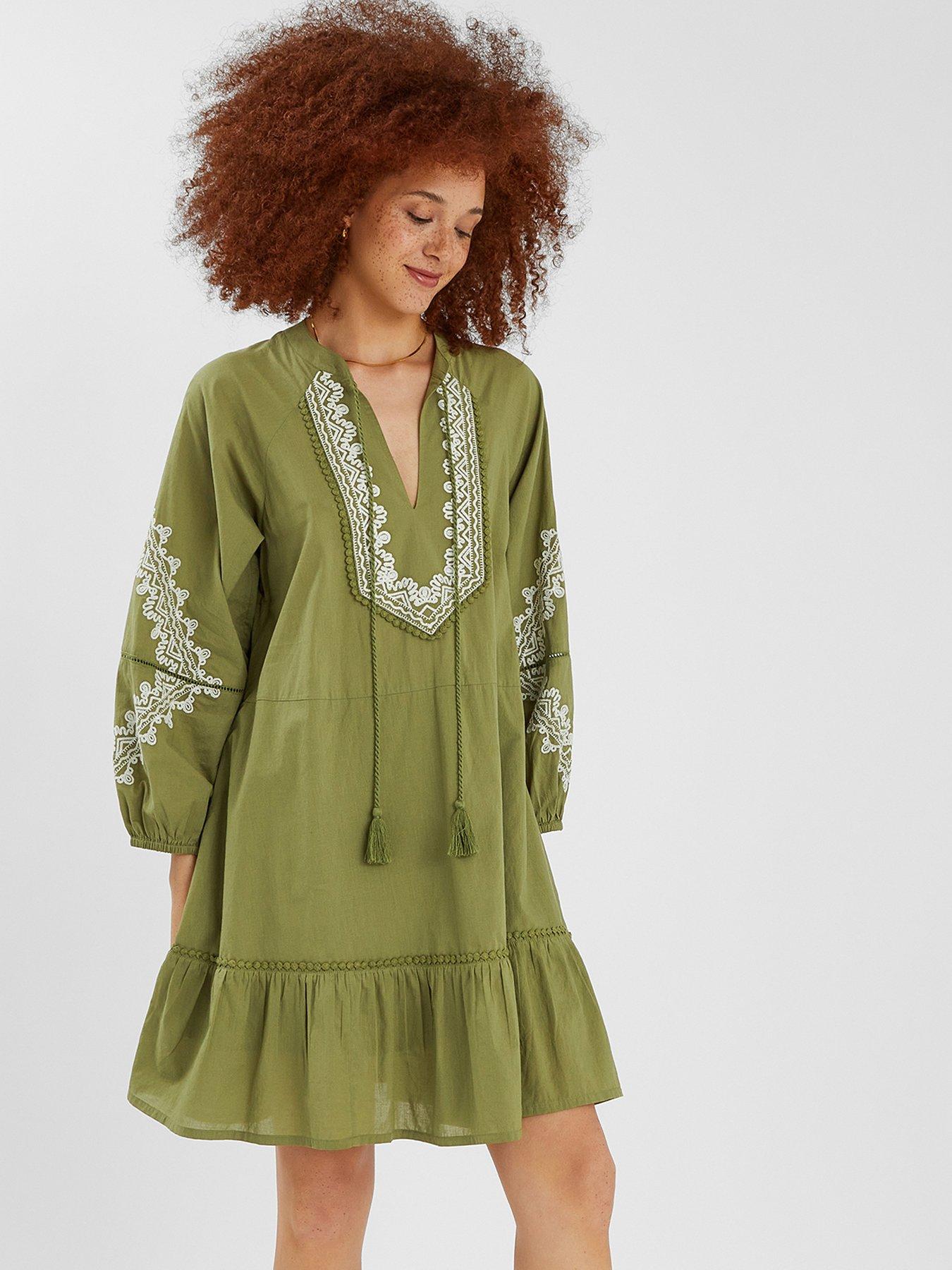 undefined Embroidered Long Sleeve Mini Dress - Khaki - White