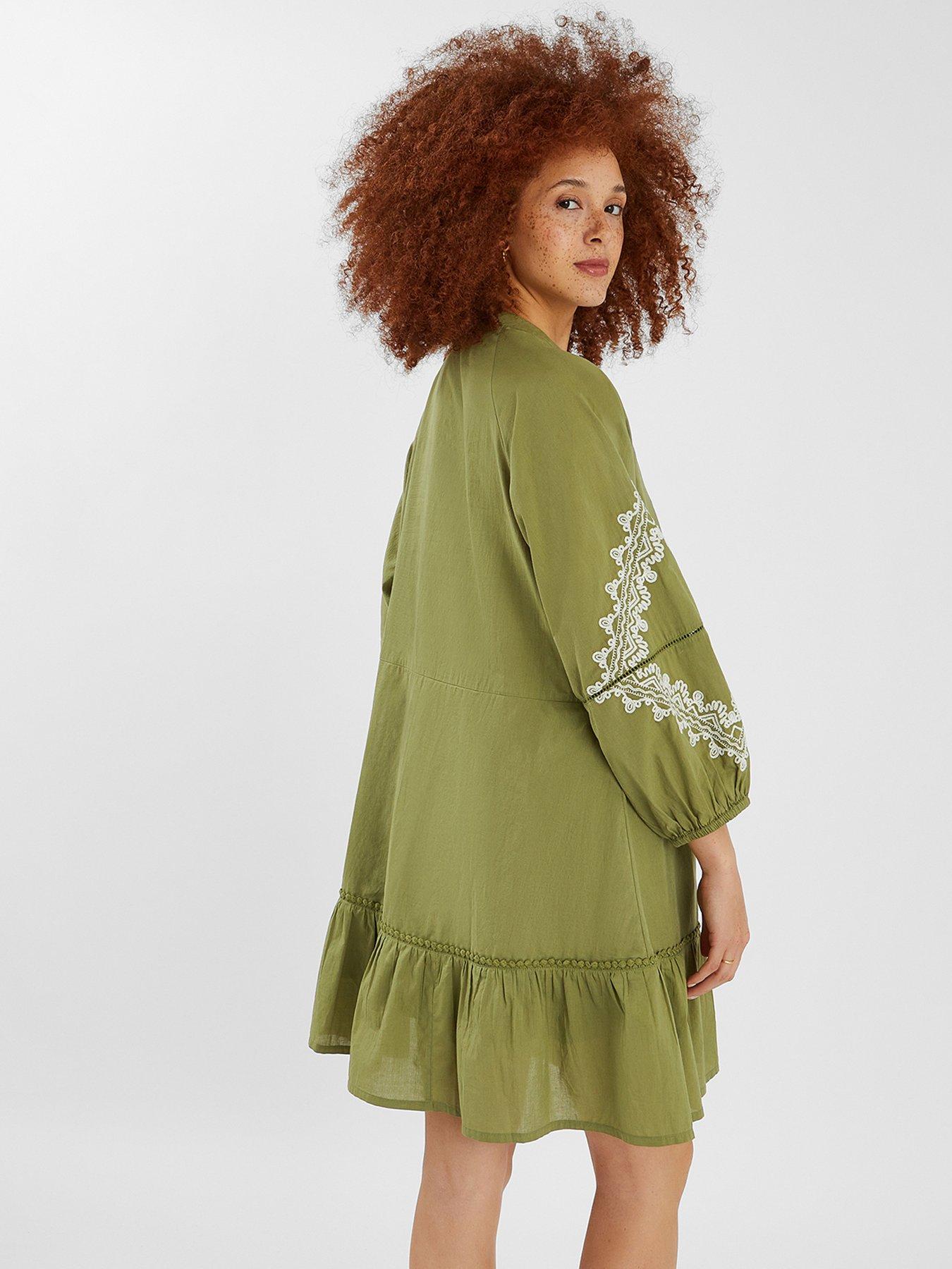 Accessorize Embroidered Long Sleeve Mini Dress - Khaki - White | Very