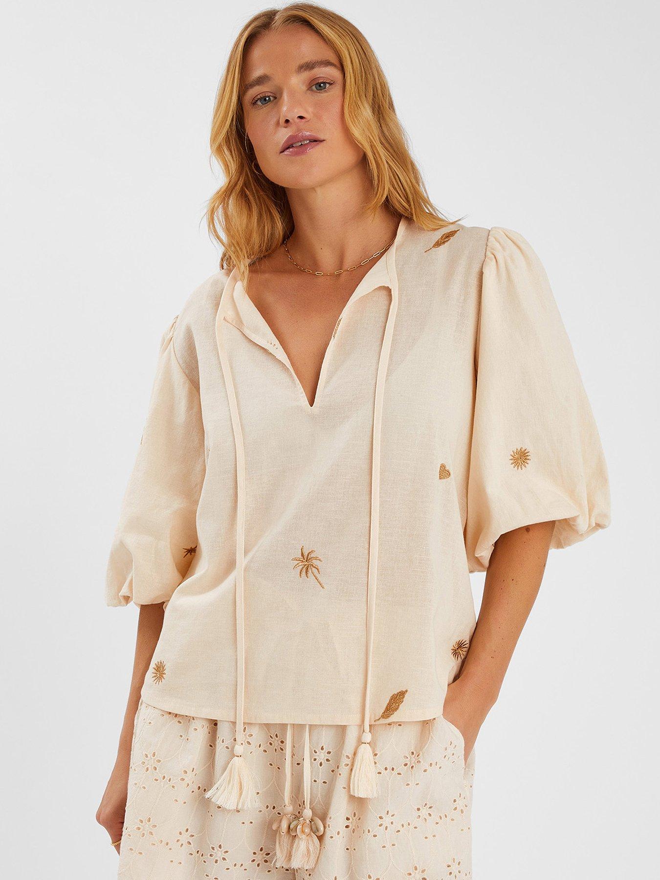 undefined Puff Sleeve Embroidered Top - Natural