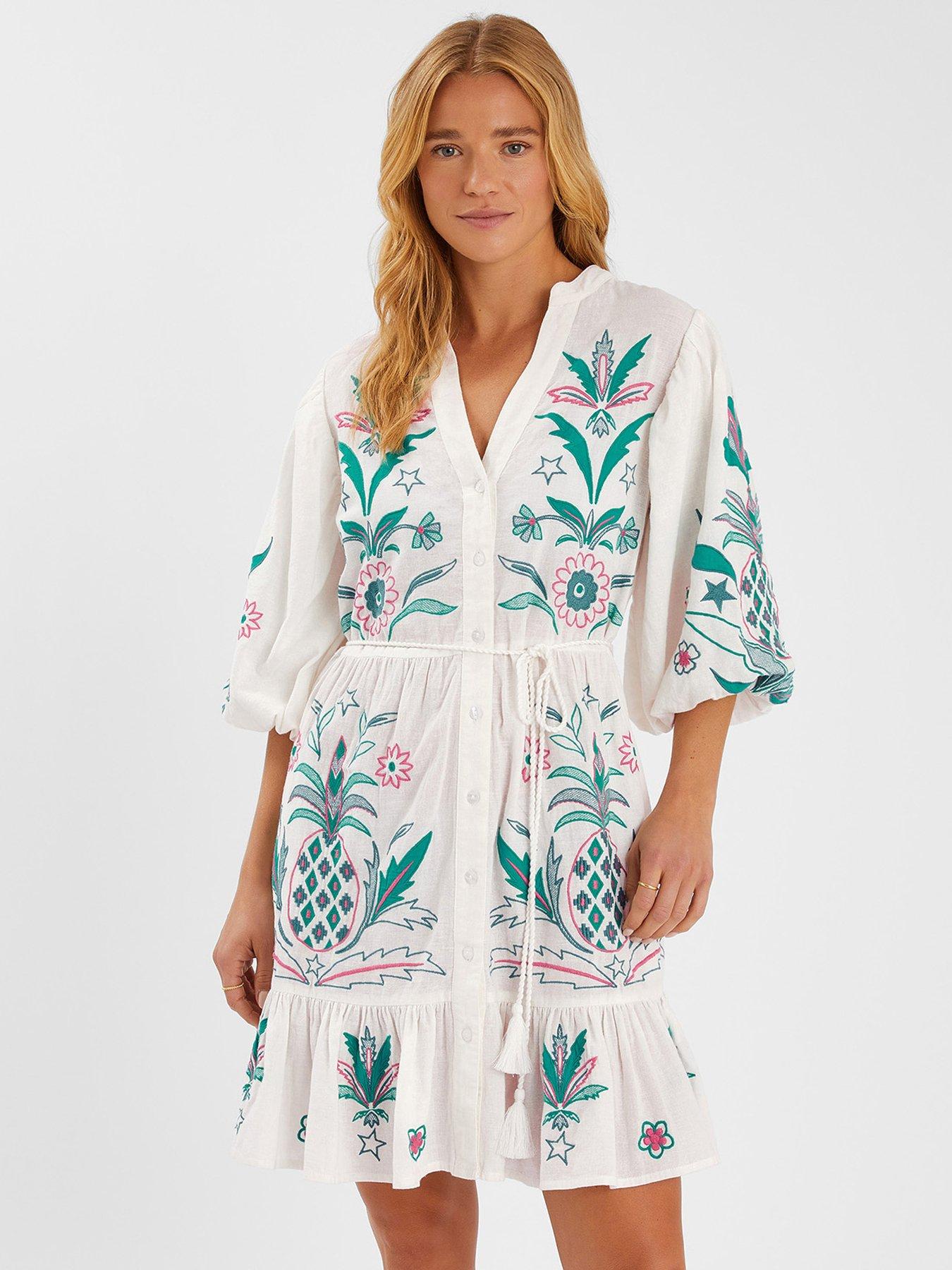 undefined Pineapple Embroidered Mini Dress - White